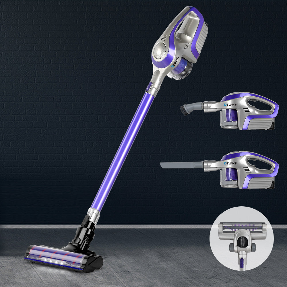 Devanti 150W Cordless Stick Vacuum Cleaner with Roller Brush - Lightweight Purple Vacuum for Hardwood Floors, Carpets & Pet Hair - Perfect for Home, Office & Car Cleaning