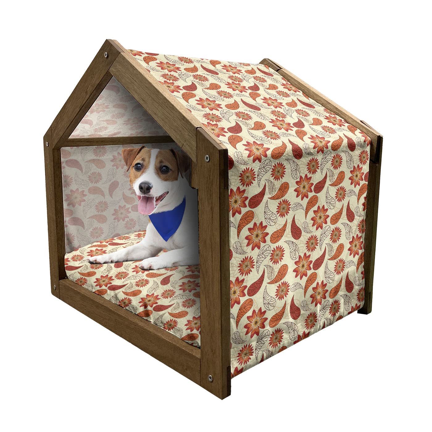 Ambesonne Orange Wooden Pet House with Red Poppy Flowers Retro Design - Indoor & Outdoor Portable Dog Kennel with Pillow Cover - Small Size for Cats & Small Dogs - Perfect for Home, Garden, Patio and Travel Use