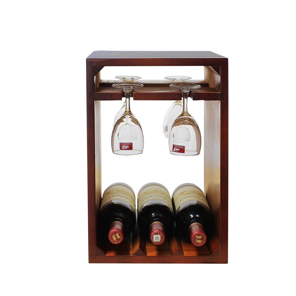 Solid Wood Mini Countertop Wine Rack - 6 Bottle Holder with Goblet Storage - Rustic Home Bar Decor for Kitchen, Dining Room & Office - Perfect for Wine Glass Organization and Display