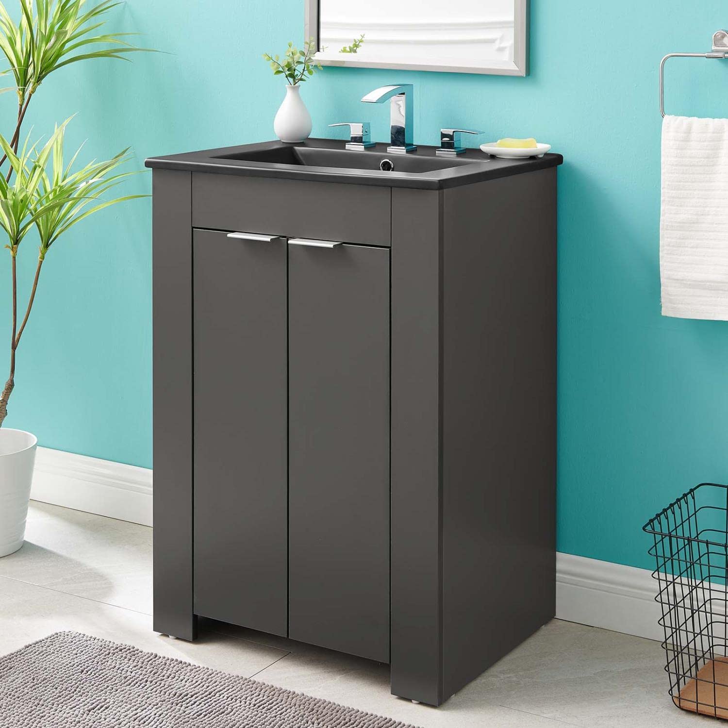 Modway Maybelle 24-Inch Bathroom Vanity with Sink in Gray Black - Modern Space-Saving Design for Small Bathrooms & Powder Rooms