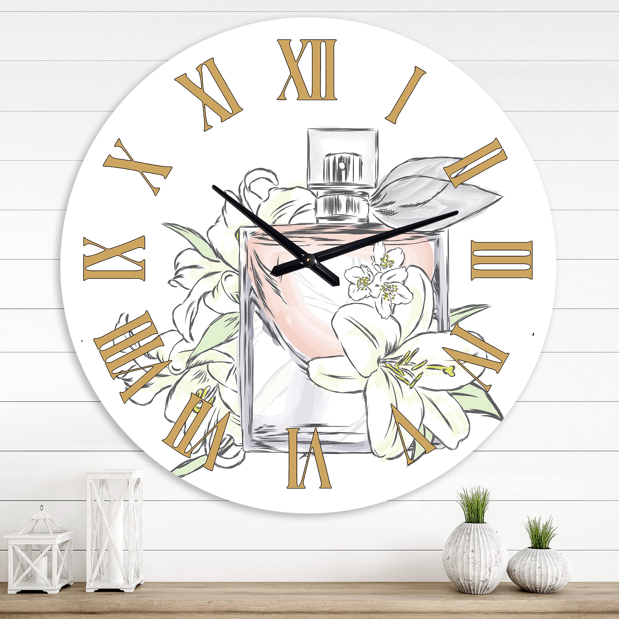 DesignQ Traditional Wall Clock - Perfume Bottle & Floral Bouquet II - Large Botanical Wall Clock for Living Room, Bedroom, Office Decor | Perfect for Home, Farmhouse, and Vintage Style Interiors