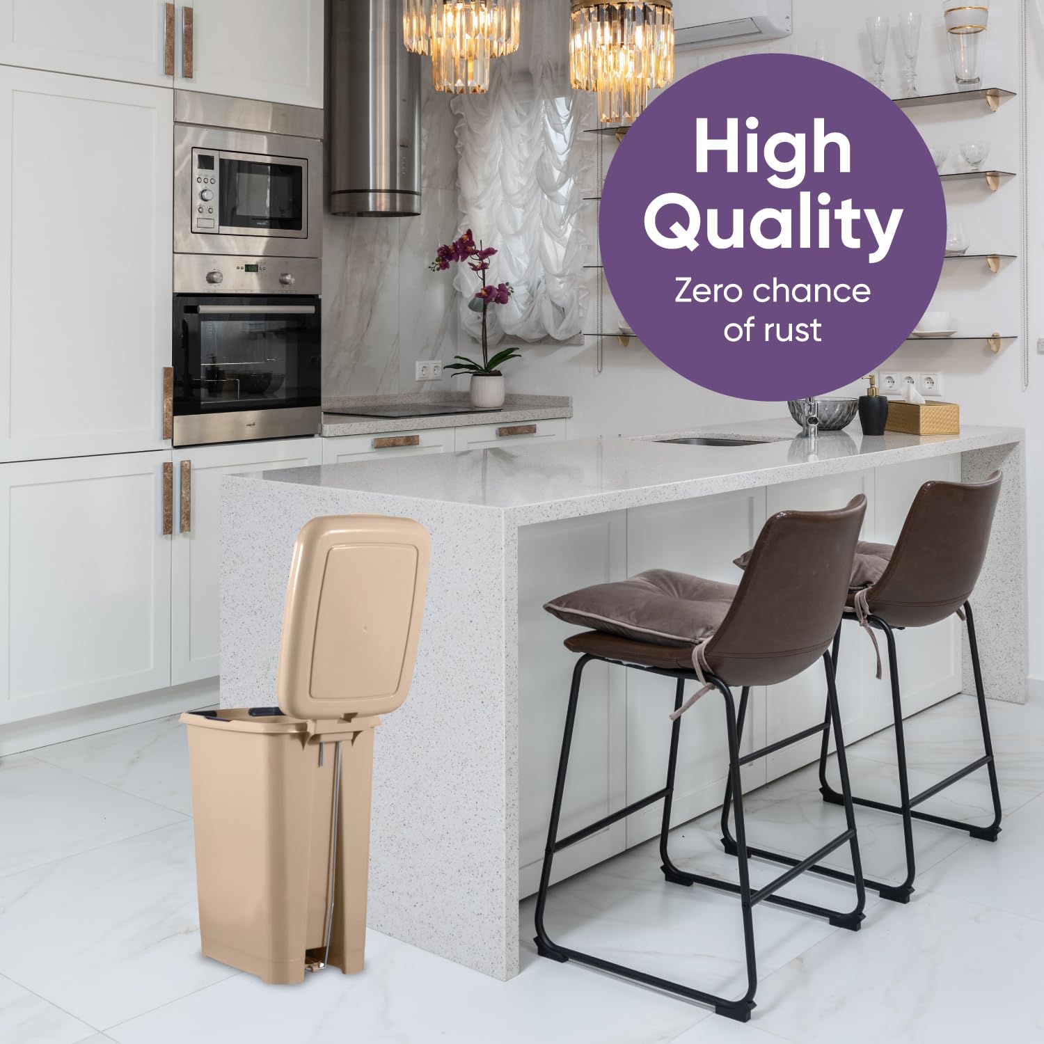 Superio 4 Gallon Slim Step-On Trash Can with Lid - Small Plastic Garbage Bin for Bathroom, Bedroom, Kitchen, Office, RV, Dorm & Patio - Hands-Free Foot Pedal Design - Perfect for Tight Spaces & Hygienic Waste Disposal - Beige