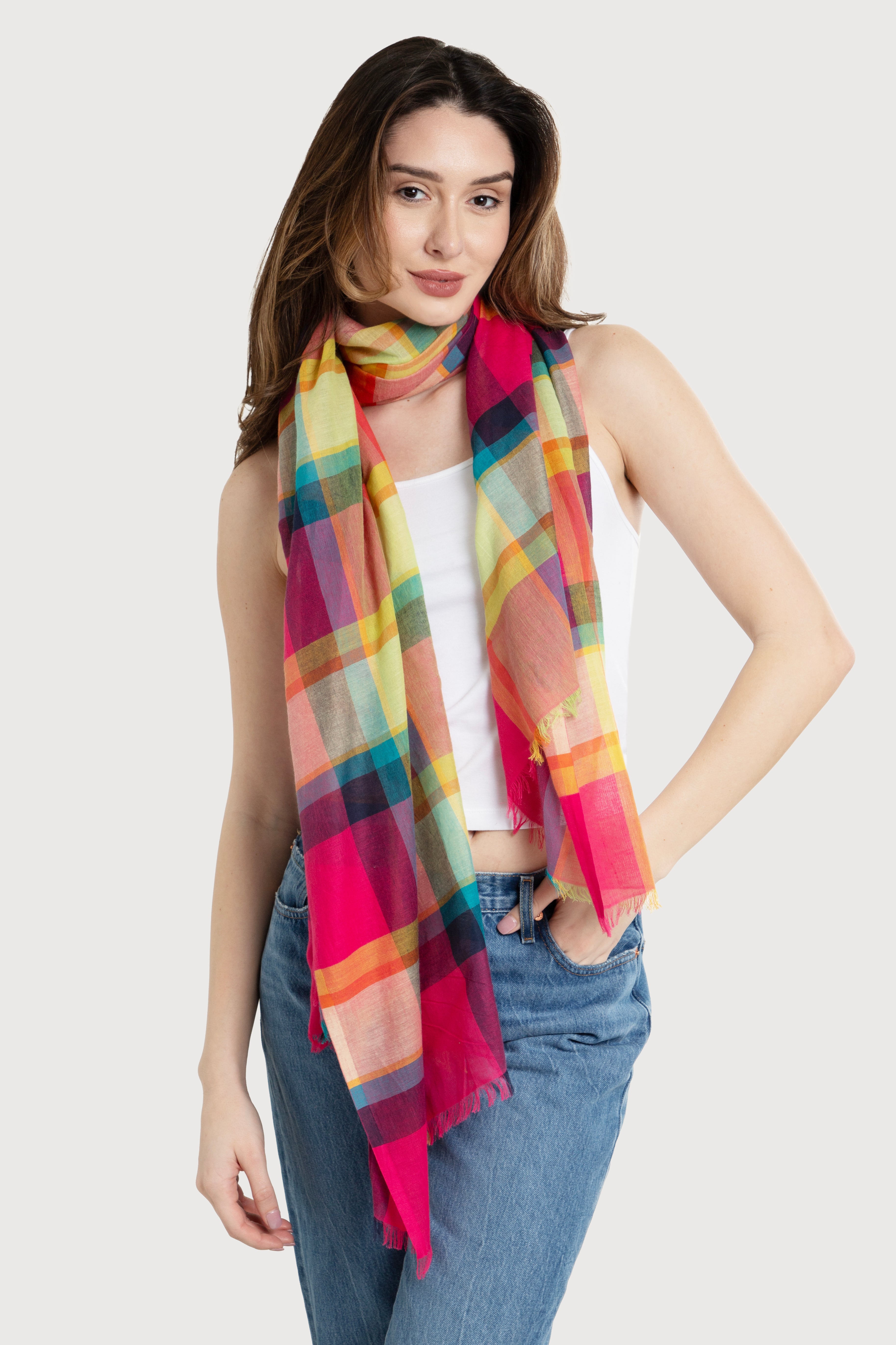 Colorful Rainbow Plaid Cotton Scarf for Women - Soft Winter Fashion Accessory for Cold Weather, Outdoor Activities and Holiday Outfits