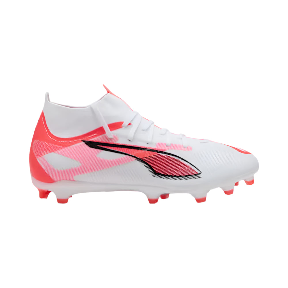 Puma Ultra 5 Match+ FG/AG Soccer Cleats for Men - White/Black/Glowing Red - Lightweight Football Boots for Artificial Grass & Firm Ground - Perfect for Match Play & Training Sessions