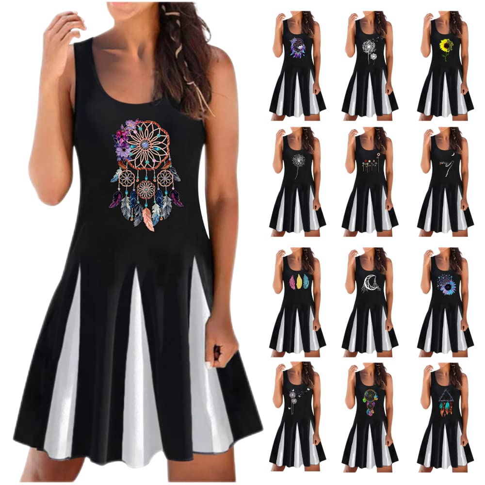 Women's Sleeveless Vintage Floral Midi Dress - Casual Summer Colorblock Loose Boatneck Beach Party Dress for Outdoor Events, Vacations & Date Nights