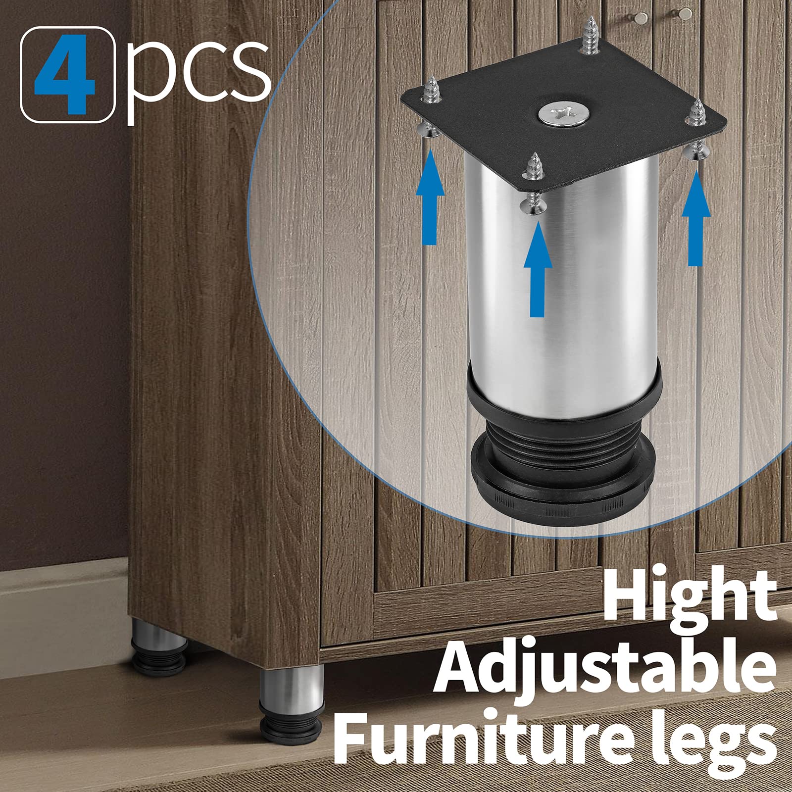 4 Inch Adjustable Stainless Steel Metal Furniture Legs - Round Silver Table Legs for Coffee Table, Cabinet, Desk, Sofa & Shelves - Pack of 4 - Perfect for Modern Home & Office Furniture Upgrades