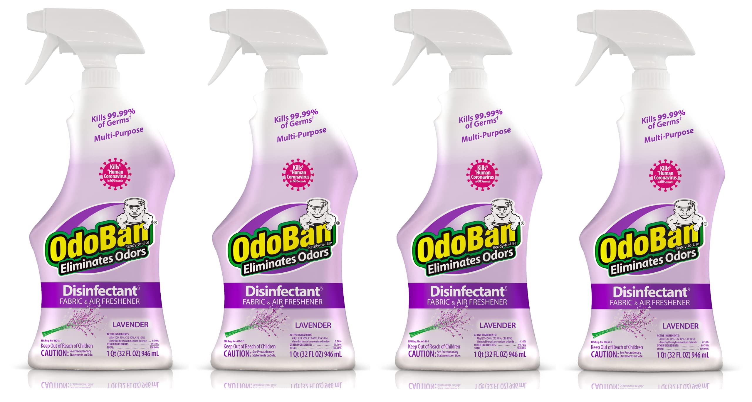 OdoBan Ready-to-Use Disinfectant & Odor Eliminator Spray - 4 Pack (32oz Each) | Lavender Scent | Kills Germs & Freshens Air | Perfect for Home, Office & Gym Cleaning