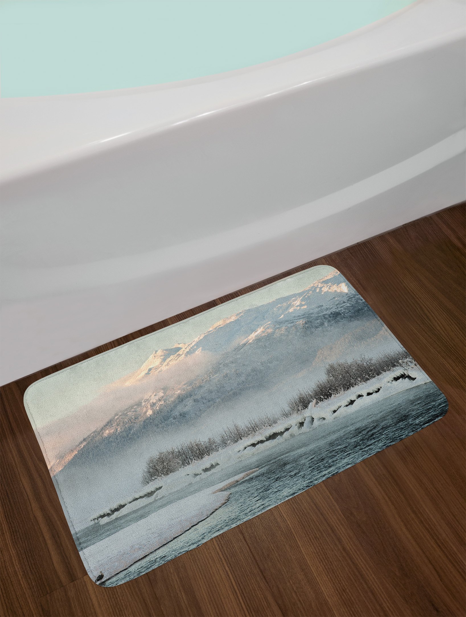 Ambesonne Alaska Snowy Chilkat Valley Winter Landscape Bath Mat - Plush Non-Slip Bathroom Rug 30x20 Inches Grey White - Perfect for Cozy Winter Bathroom Decor & Spa Retreats