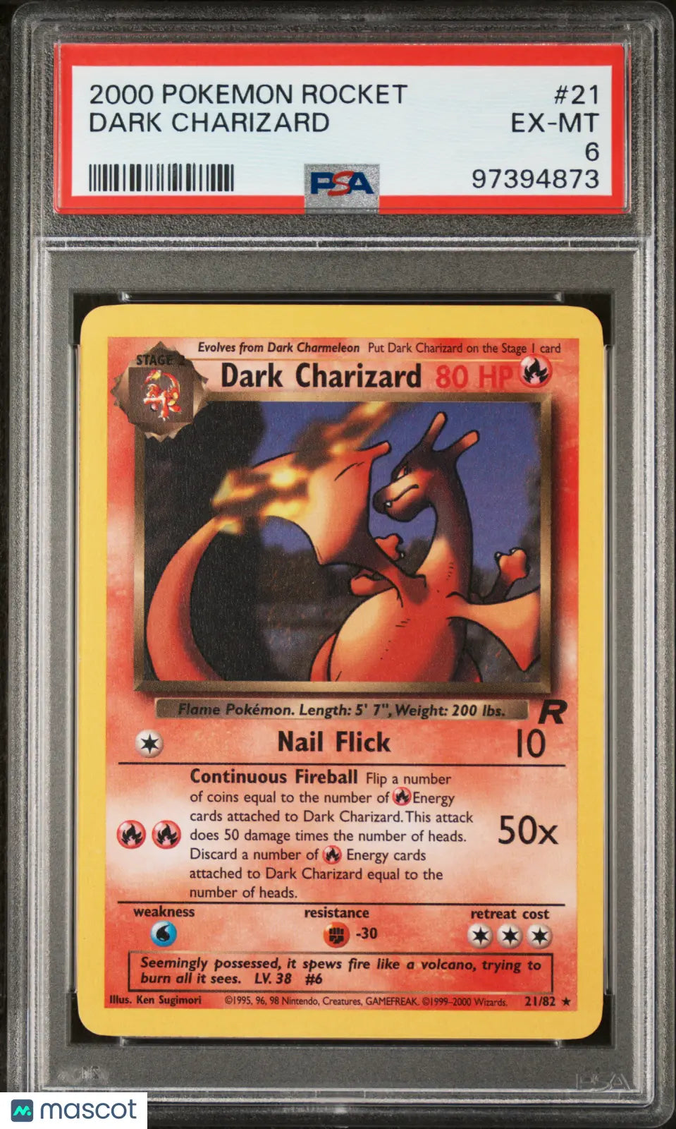 2000 Pokémon Rocket Dark Charizard #21 PSA 6 Graded Trading Card - Rare Collectible for Pokémon Fans & Card Game Enthusiasts - Perfect for Display, Investment & Battles