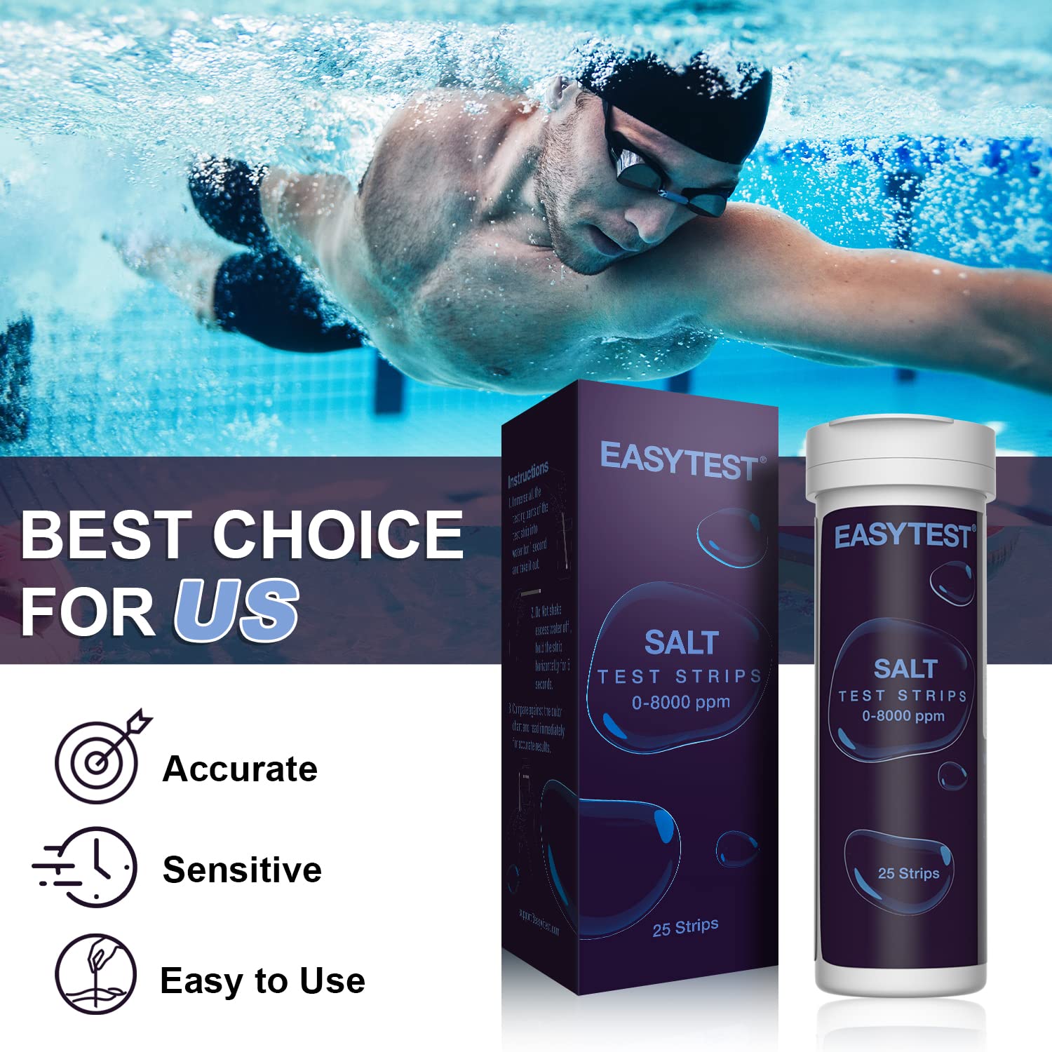 Saltwater Pool Test Strips Kit - 25 Count | Accurate 0-8000 ppm Sodium Chloride Testing for Swimming Pools & Spas | Monitor Salt Levels for Crystal Clear Water & Optimal Performance