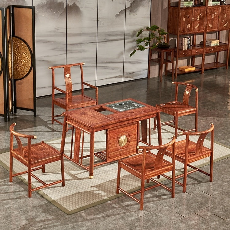 African Rosewood Tea Table Set - Handcrafted Wooden Coffee Table with Matching Stools - Perfect for Living Room, Lounge, and Outdoor Patio Decor