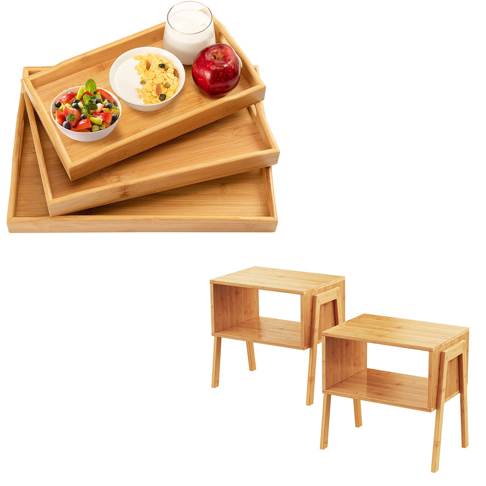 3 Pack Bamboo Serving Trays - Eco-Friendly Food Serving Trays & Stackable End Tables for Living Room, Kitchen, Dining - Perfect for Entertaining, Snacks, Drinks, and Home Decor