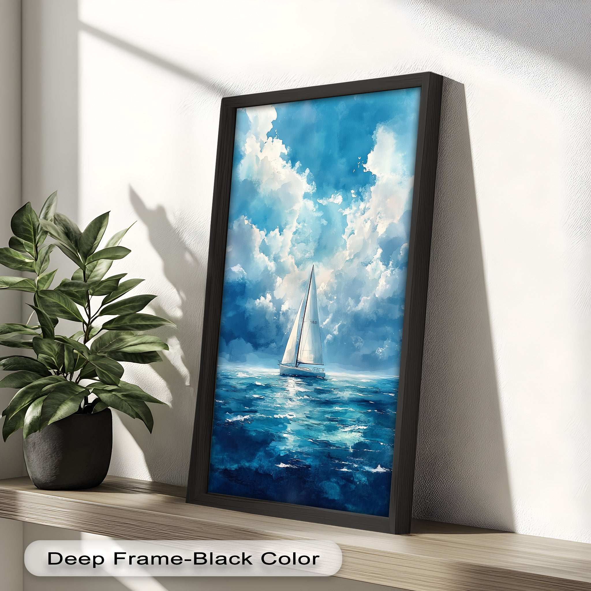 Blue Sky White Sailboat Oil Painting - Handmade Nautical Wall Art for Living Room, Bedroom & Office Decor