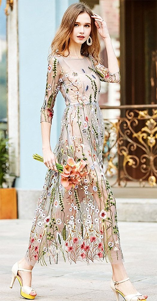 Honeydress Women's Embroidered Long Sleeve Maxi Dress - Style 12B in Grey | Elegant Boho Floral Dress for Weddings, Parties & Special Occasions