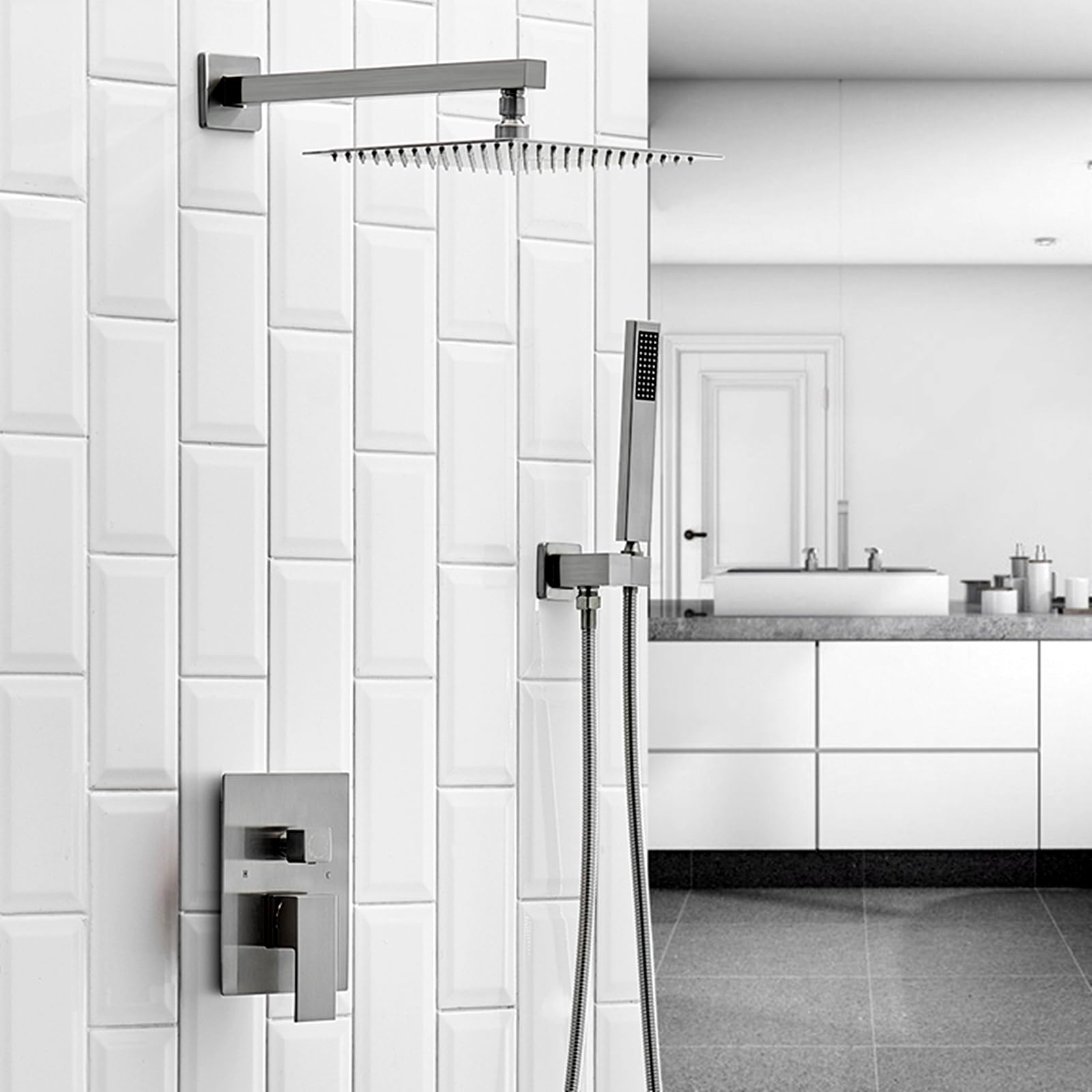 TEKXDD 10 Inch Wall Mounted Shower System - Brushed Nickel Rain Mixer Combo with Handheld Spray Head for Bathroom | Perfect for Modern Home Spa Experience