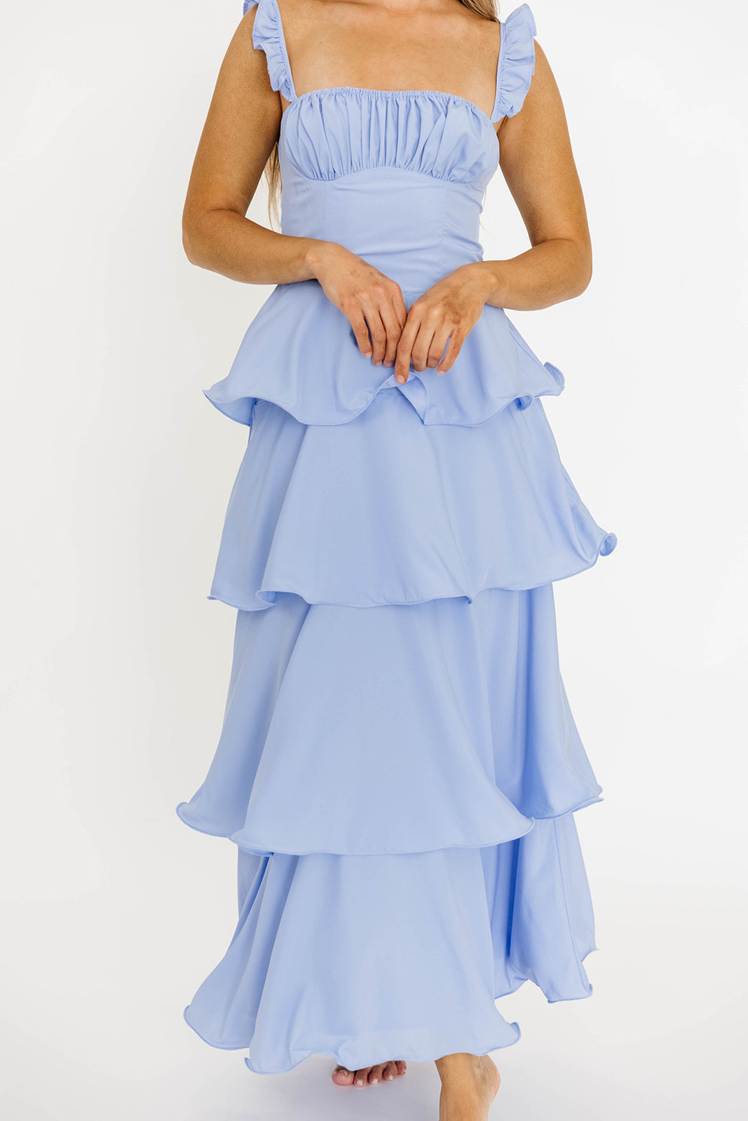 Lily Ruffle Strap Tiered Maxi Dress in Baby Blue | Flowy Summer Beach Dress for Women | Perfect for Vacations, Weddings & Date Nights