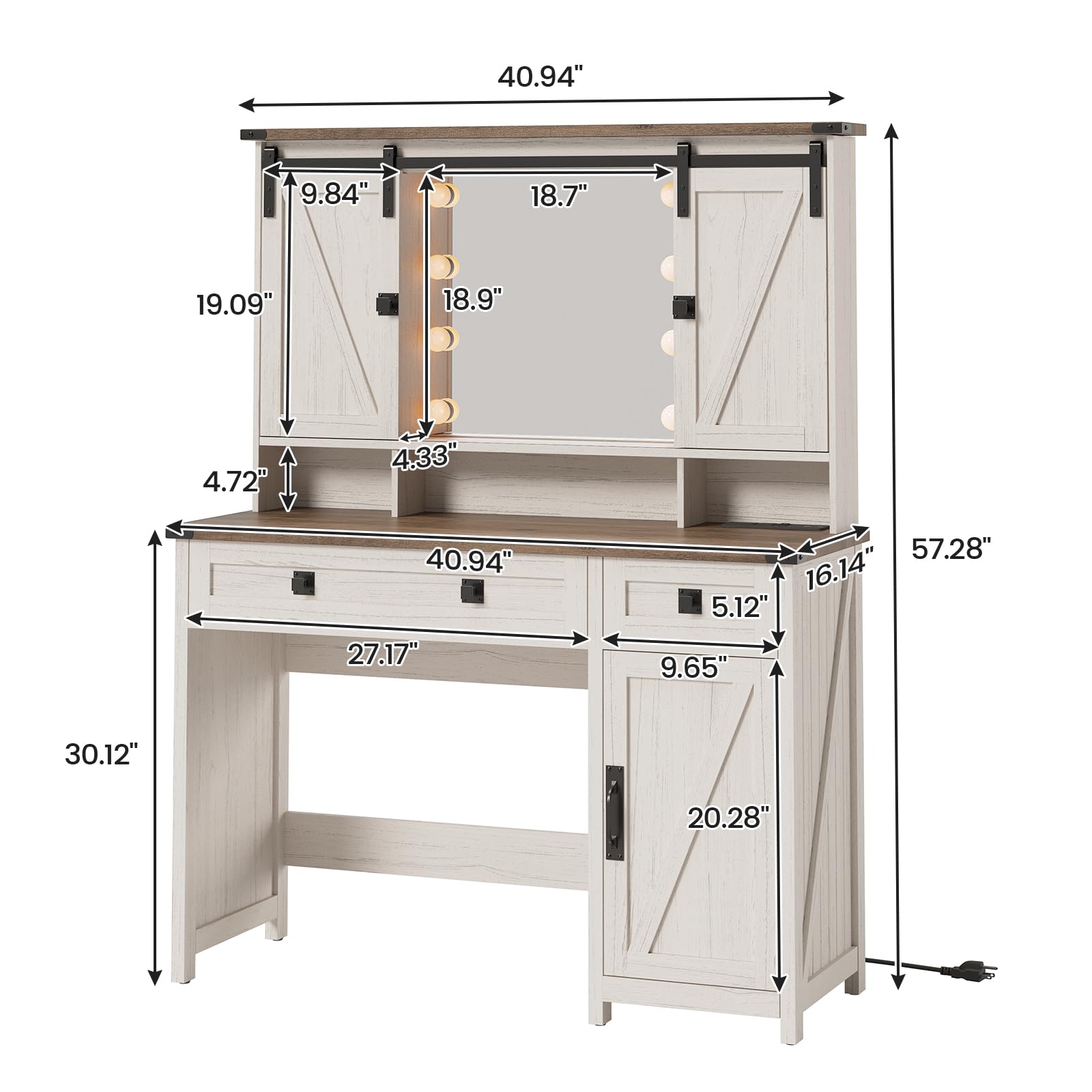 AOGLLATI Farmhouse White Makeup Vanity with LED Lights & Barn Doors - Vanity Desk with Mirror, Charging Station, Jewelry Hooks & Open Storage Shelves - Perfect for Bedroom, Dressing Room & Home Beauty Station