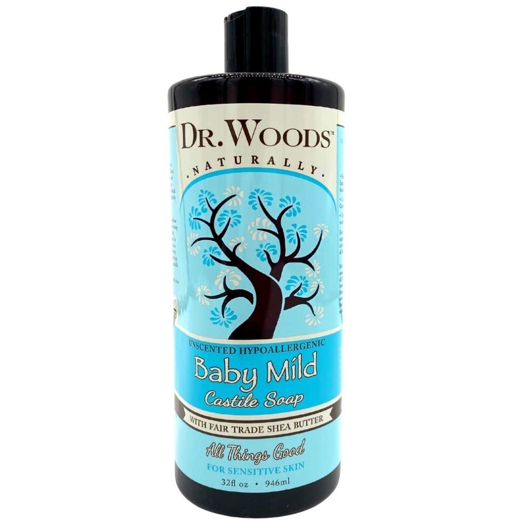 Dr. Woods Unscented Baby Mild Liquid Castile Soap with Organic Shea Butter, 32 oz - Gentle Cleansing for Baby Skin, Face & Body Wash, Hypoallergenic & Vegan - Perfect for Sensitive Skin, Newborns & Eco-Friendly Families