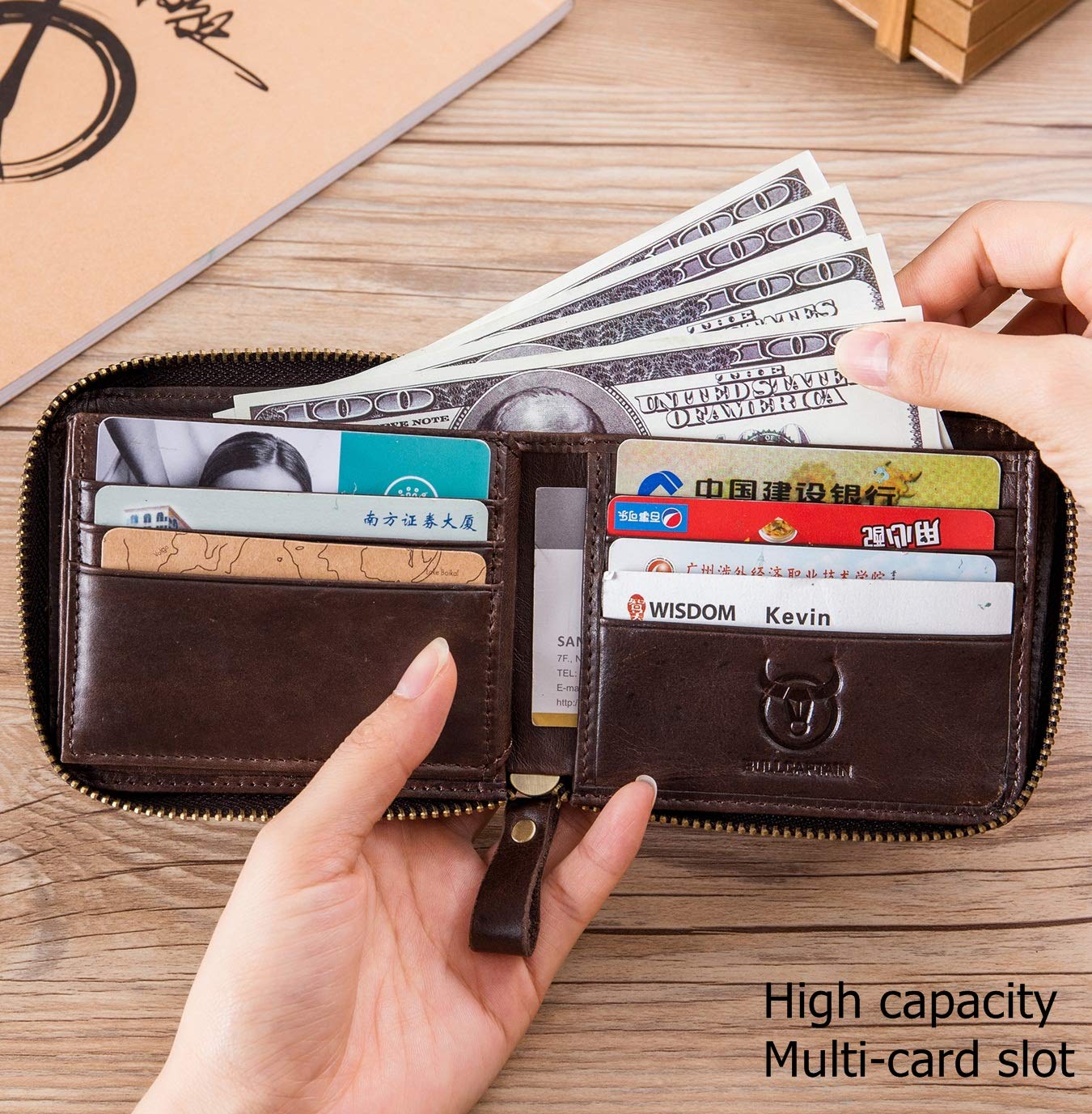 BULLCAPTAIN Genuine Leather RFID Blocking Bifold Wallet for Men - Slim ID Window Credit Card Holder with Zipper (Dark Brown) | Perfect for Everyday Use, Travel & Business