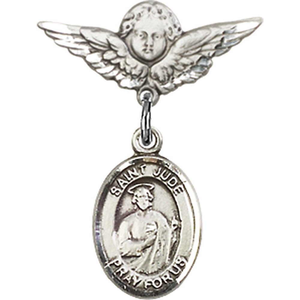 St. Jude Thaddeus Sterling Silver Baby Badge with Angel Wing Charm - 7/8