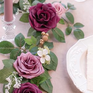 PONATIA 5FT Handcrafted Burgundy Artificial Rose Garland - Dusty Rose Silk Flowers for Wedding Arch Backdrop, Christmas Decor, Table Centerpiece - Perfect for Ceremony Decorations, Holiday Party, Home & Event Decor