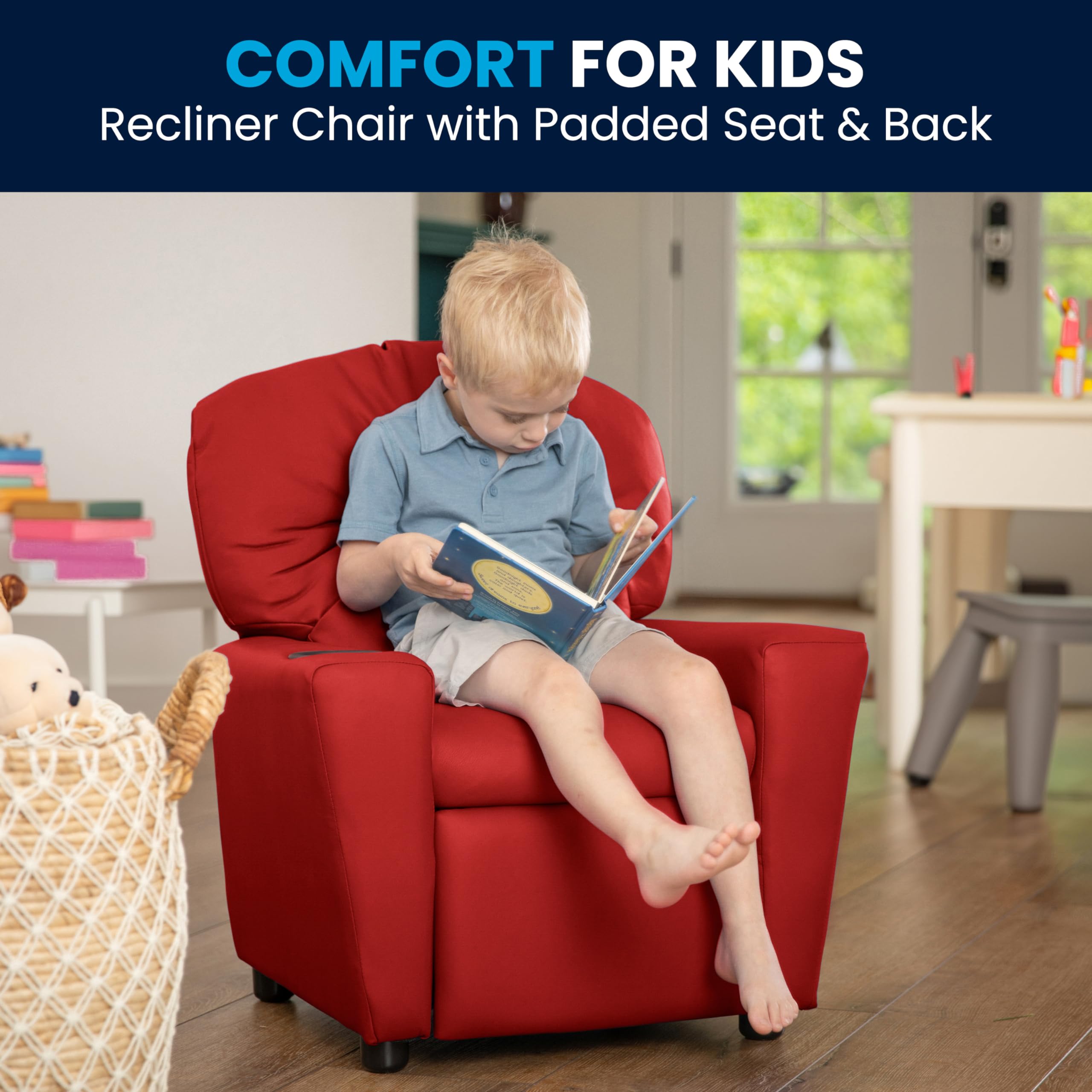 Flash Furniture Chandler Vinyl Kids Recliner with Cup Holder & Safety Recline - Contemporary Reclining Chair for Children (Supports up to 90 lbs, Red) - Perfect for Playrooms, Bedrooms & Movie Nights