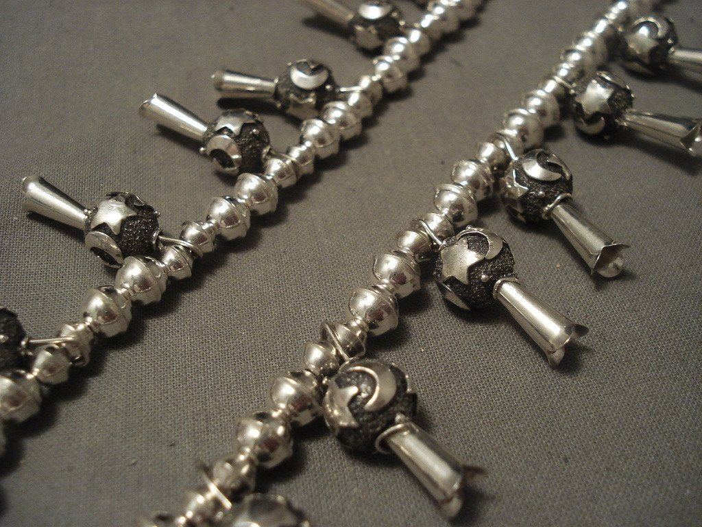 Vintage Navajo Tufa Cast Silver Squash Blossom Necklace - Authentic Native American Jewelry | Handmade Southwest Style Necklace for Women, Boho Fashion Accessory, Wedding & Special Occasion Gift
