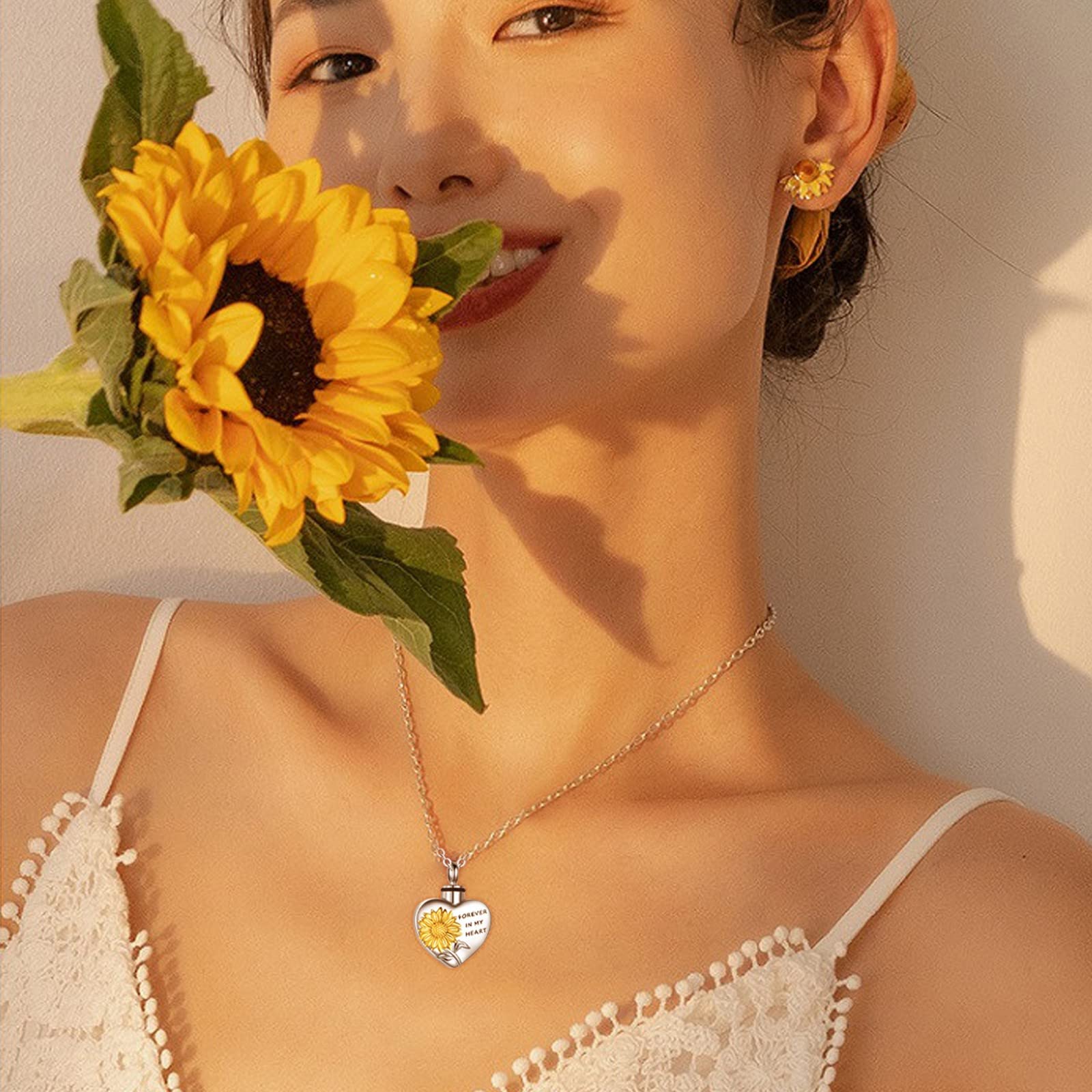 2 Initial Necklaces for Women - Sunflower Memorial Jewelry for Ashes - Personalized Keepsake Pendant for Loved Ones & Pets (Silver, 2.1x1.5cm) - Perfect Sympathy Gift for Loss of Mother, Father, or Dog