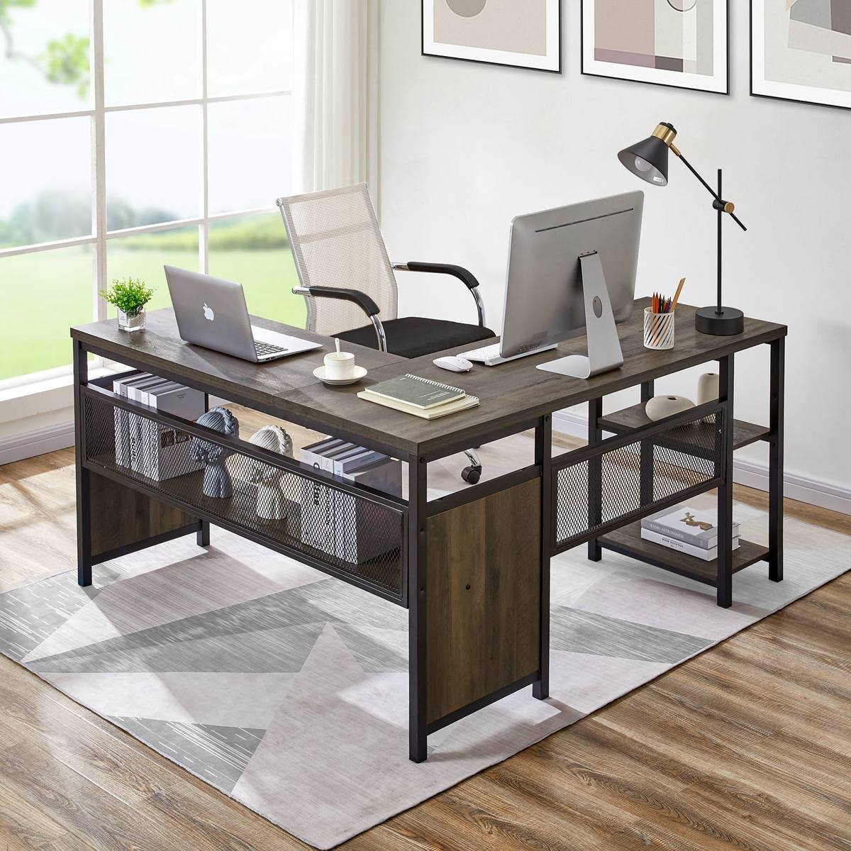 FATORRI 59 Inch L-Shaped Computer Desk with Wood Shelves & Metal Legs - Industrial Reversible Corner Desk for Home Office (Walnut Brown) - Perfect for Small Spaces, Gaming Setup & Workstation Organization
