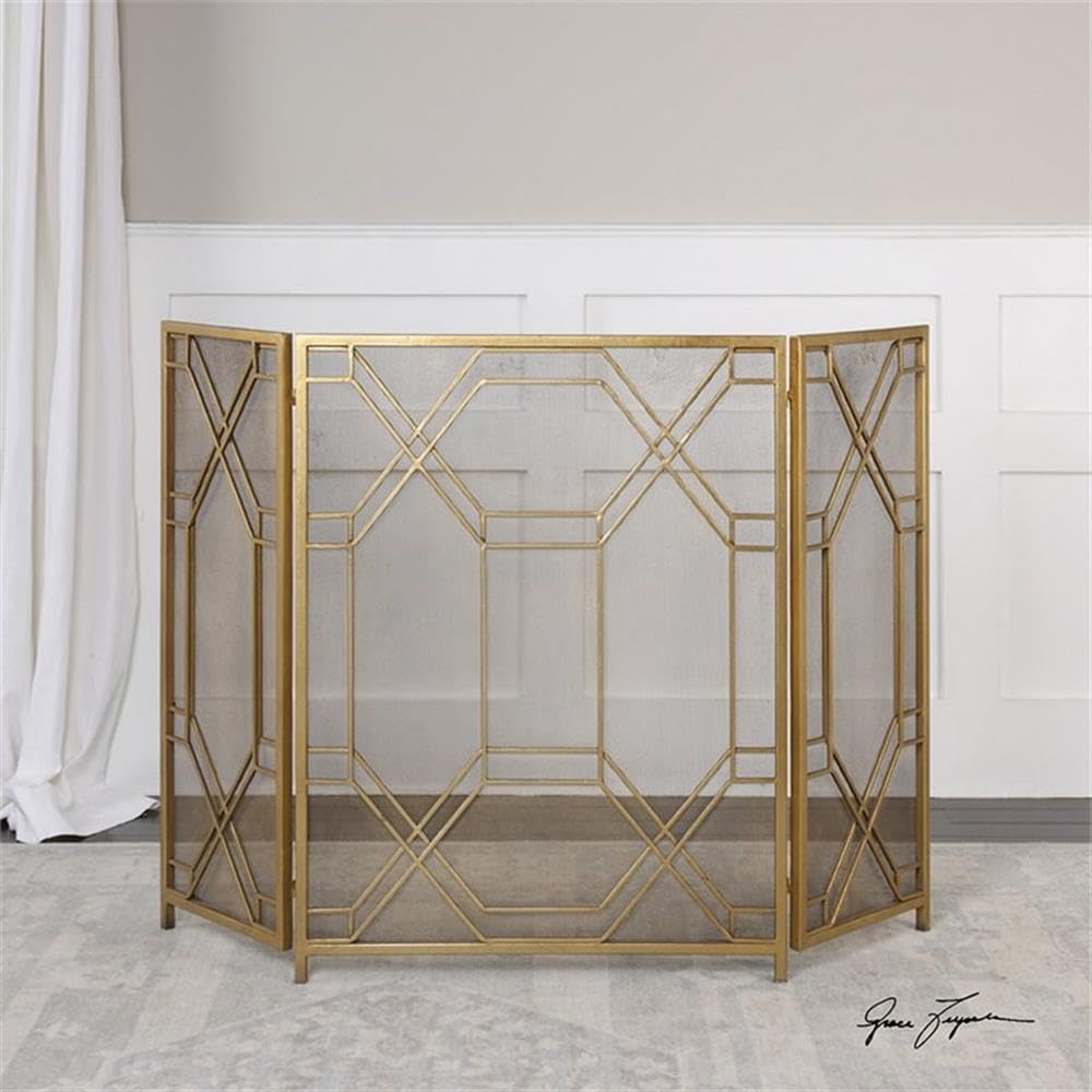 Bowery Hill Modern Gold Fireplace Screen - Elegant Decorative Fireplace Guard for Living Room, Bedroom & Home Decor