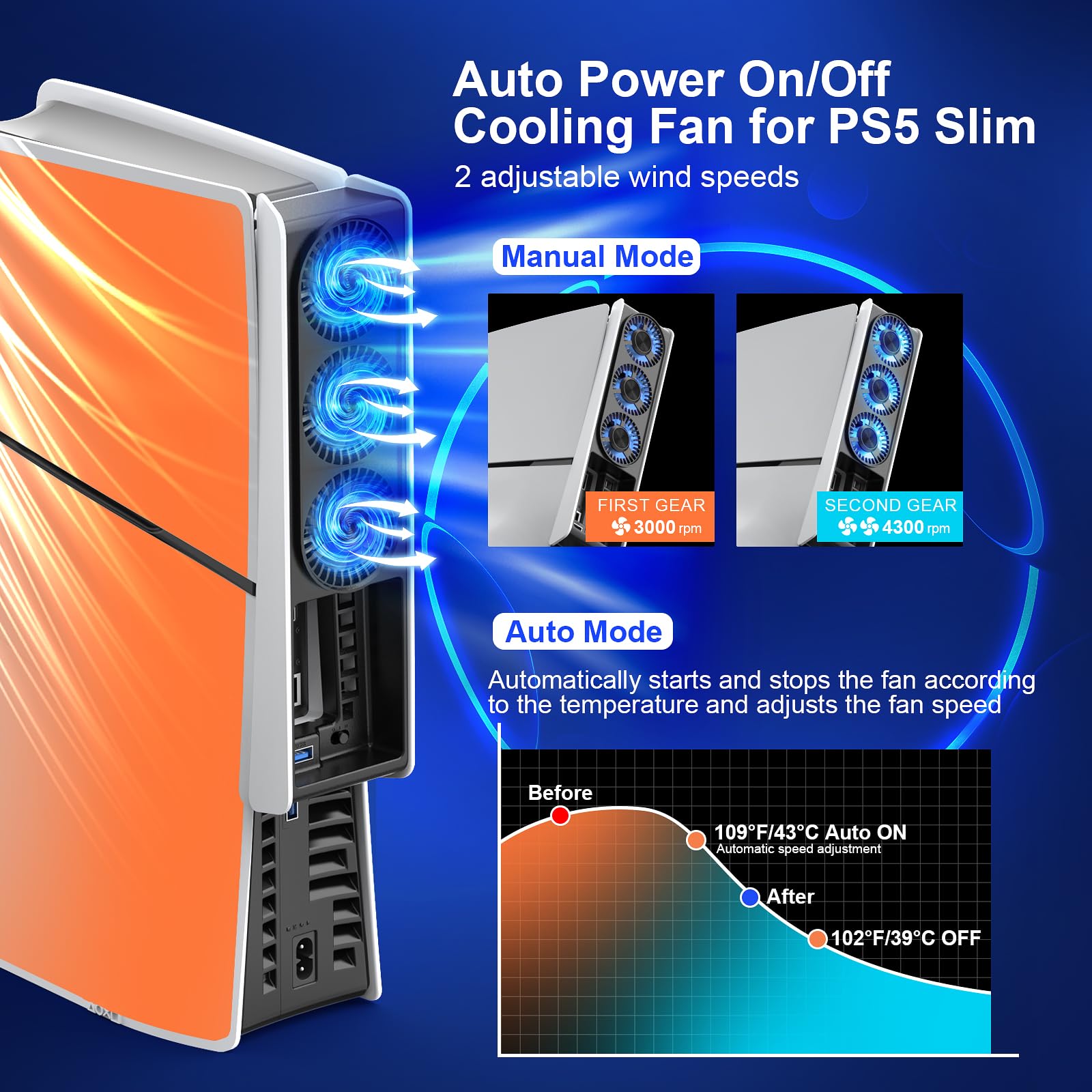 PS5 Slim Cooling Fan with Auto ON/OFF, 2-Speed Quiet Cooling, LED Light & USB Port - Compatible with PS5 Slim Digital & Disc Edition (Not for PS5) - Perfect for Gaming Sessions & Overheating Prevention