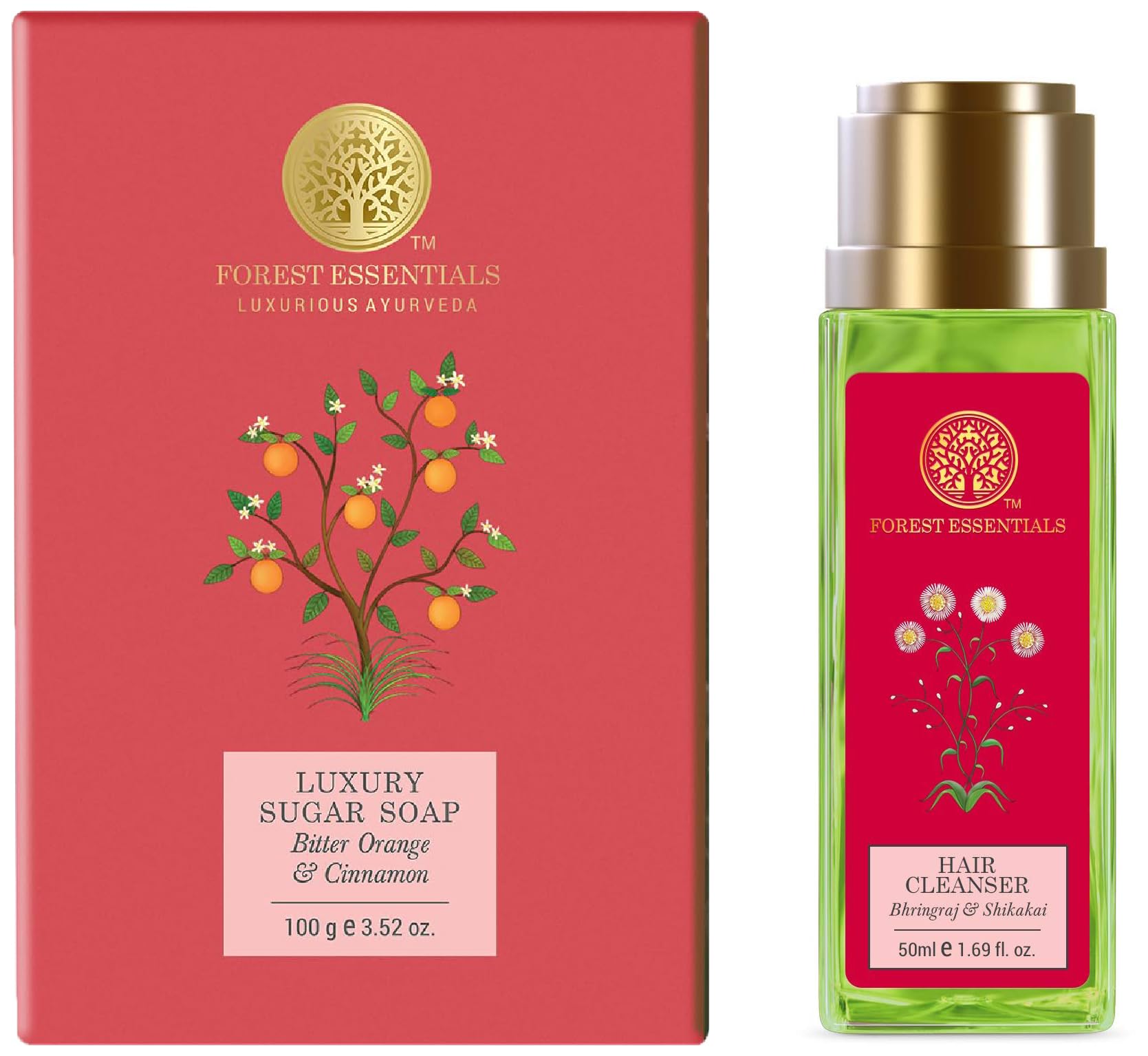 Forest Essentials Luxury Ayurvedic Sugar Soap with Bitter Orange & Cinnamon | Travel Size Bhringraj & Shikakai Hair Cleanser Combo | Natural Skincare & Haircare for Spa-like Experience at Home