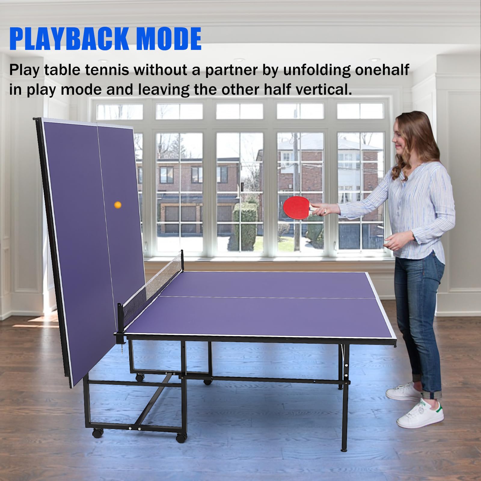 Professional Full-Size 9' x 5' Folding Ping Pong Table with Net & Wheels - Indoor/Outdoor Tennis Table with Single Player Playback Mode for Easy Storage & Movement | Perfect for Home, Gym, Office & Backyard Games