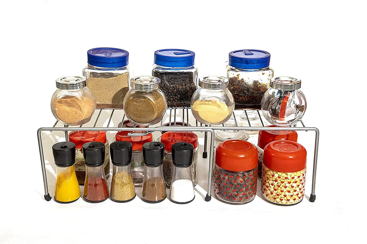ROLLYWARE Expandable Metal Kitchen Storage Rack - Sturdy Space-Saving Shelf Organizer for Cabinets, Pantry & Countertops (Silver) | Perfect for Organizing Spices, Utensils & Cookware