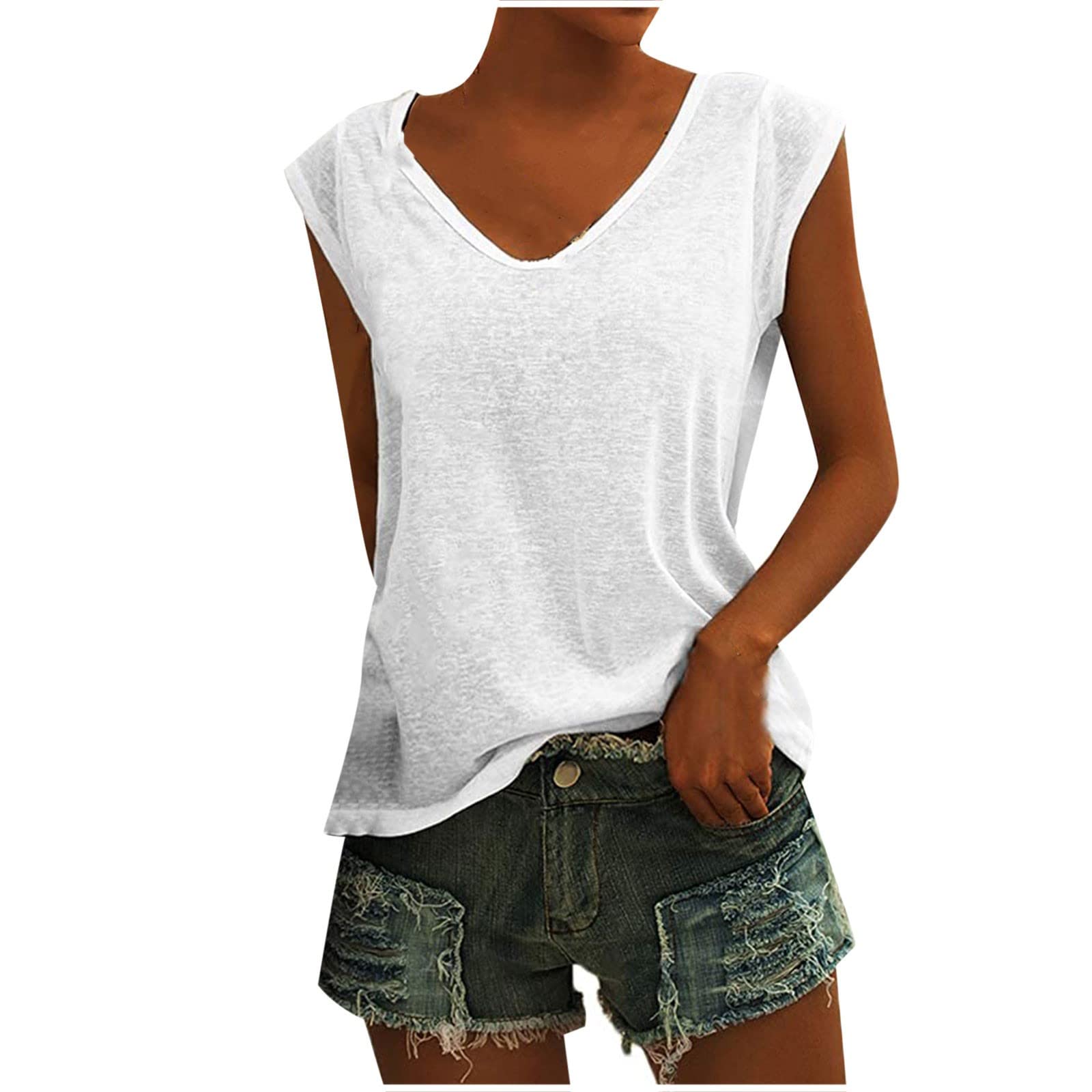 Women's Summer Sleeveless V-Neck Tank Tops - Soft Loose Fit Casual White T-Shirts for Beach, Travel & Everyday Wear