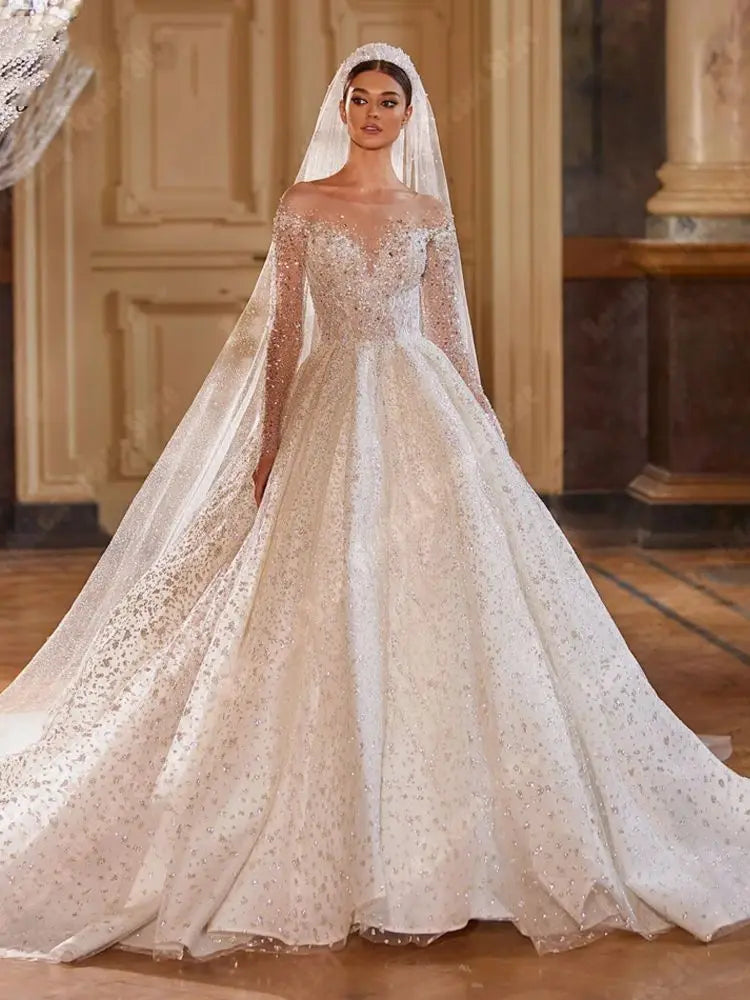 Elegant V-Neck Wedding Dress with Sparkling Sequins - A-Line Floor-Length Long Sleeve Bridal Gown for Church Ceremony & Romantic Reception