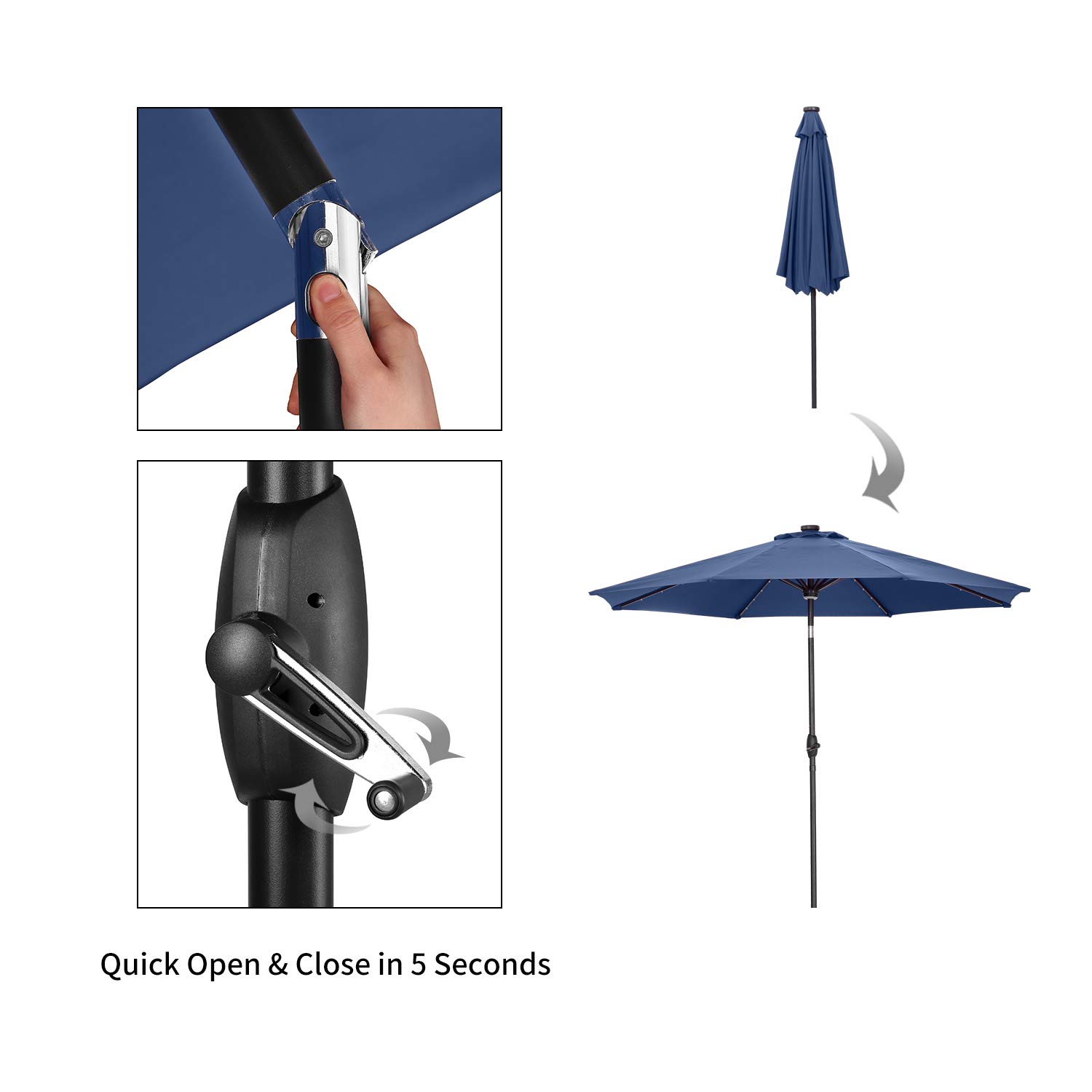 10 FT Outdoor Patio Umbrella with LED Lights - Tilt & Crank Market Umbrella with 8 Sturdy Ribs for Garden, Poolside, Restaurant, and Backyard Dining