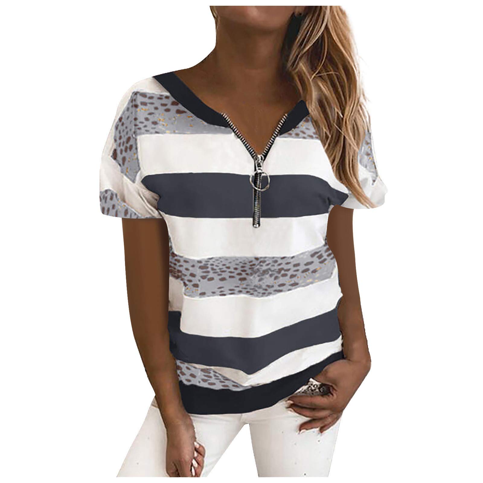 Uppada Women's V-Neck Striped Short Sleeve Tunic Blouse - Casual Summer Printed T-Shirt & Sweatshirt Alternative | Perfect for Beach Outings, Office Wear & Weekend Fashion