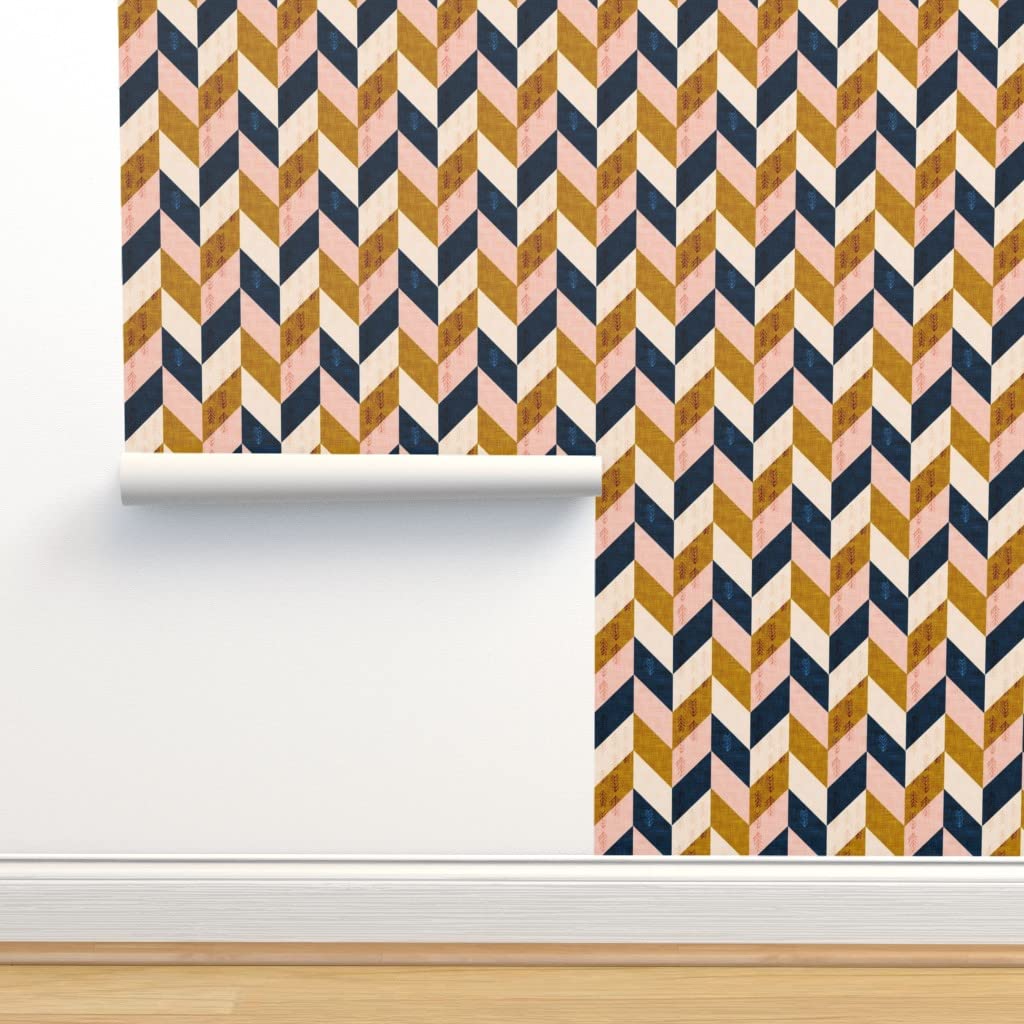 Peel & Stick Removable Wallpaper 9ft x 2ft - Southwestern Desert Chevron Pattern with Indigo Feather Design | Perfect for Bedroom, Living Room & Office Decor | Easy DIY Home Renovation