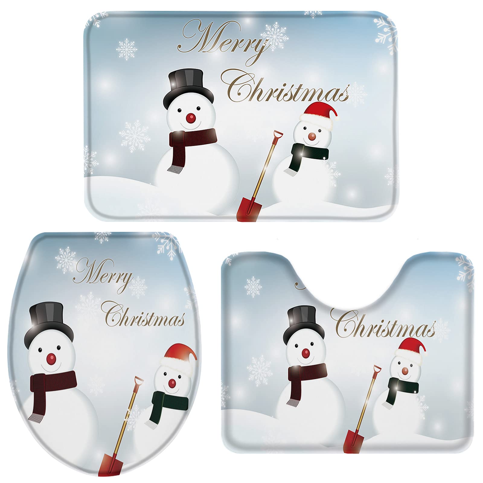 3 Piece Winter Holiday Merry Christmas Snowman Bathroom Rugs Set - Non-Slip U-Shaped Bath Mat, Toilet Lid Cover & Water Absorbent Shower Mat - Cozy Bathroom Decor for Christmas, Winter Home & Gift Giving