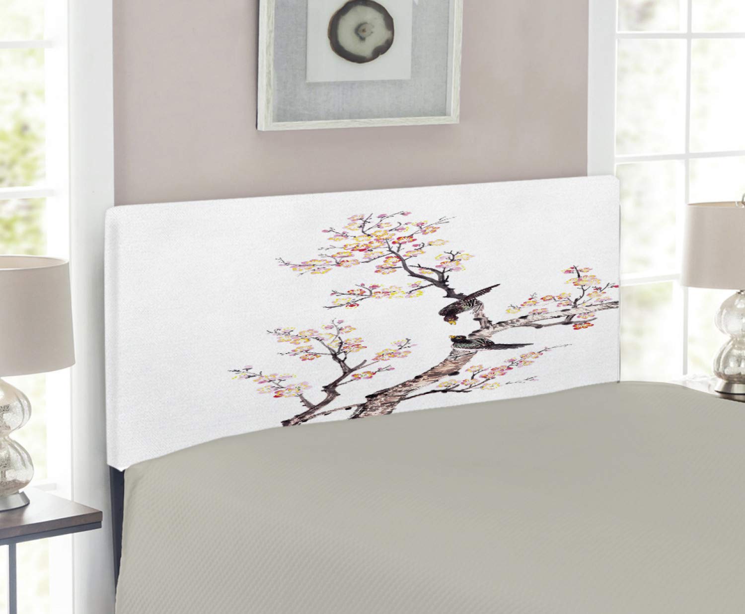 Ambesonne Traditional Chinese Floral Headboard - Plum Blossom & Birds Painting Design, Upholstered Metal Bed Frame with Memory Foam, Twin Size, Pale Yellow Brown - Perfect for Asian-Themed Bedrooms & Home Decor