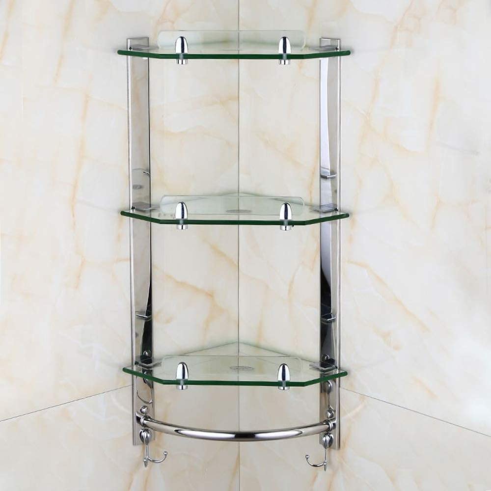 3-Tier Wall Mounted Bathroom Glass Shelf Organizer - Stainless Steel Shower Caddy with Towel Bar & 4 Hooks - Tempered Glass Corner Storage for Bathroom, Shower, Kitchen - Perfect for Small Space Organization
