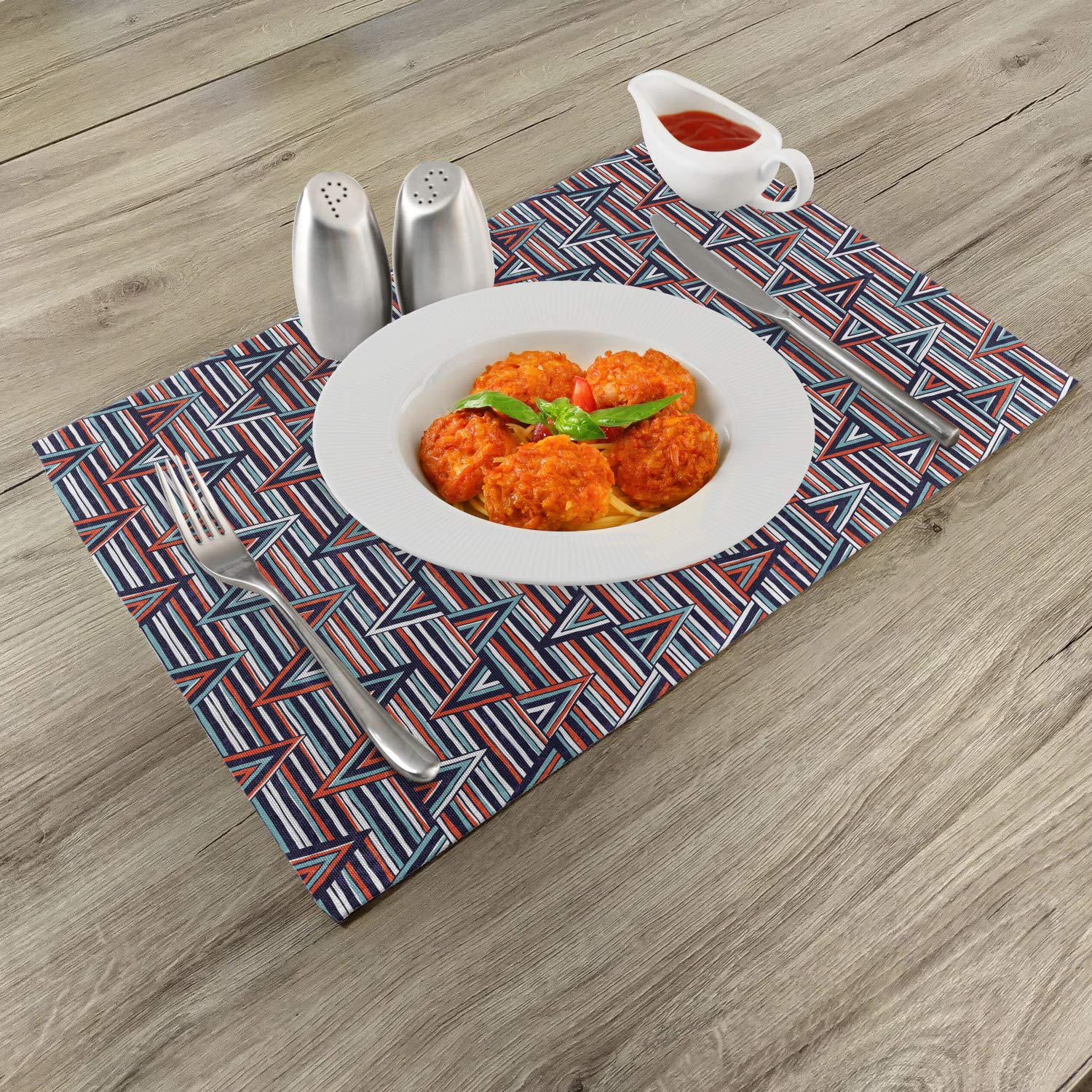 Ambesonne Tribal Placemats Set of 4 - Striped Abstract Pattern with Creative Triangles Design - Washable Fabric Table Mats for Dining Room & Kitchen Decor in Cinnamon Black Teal - Perfect for Dinner Parties, Holiday Gatherings & Everyday Meals