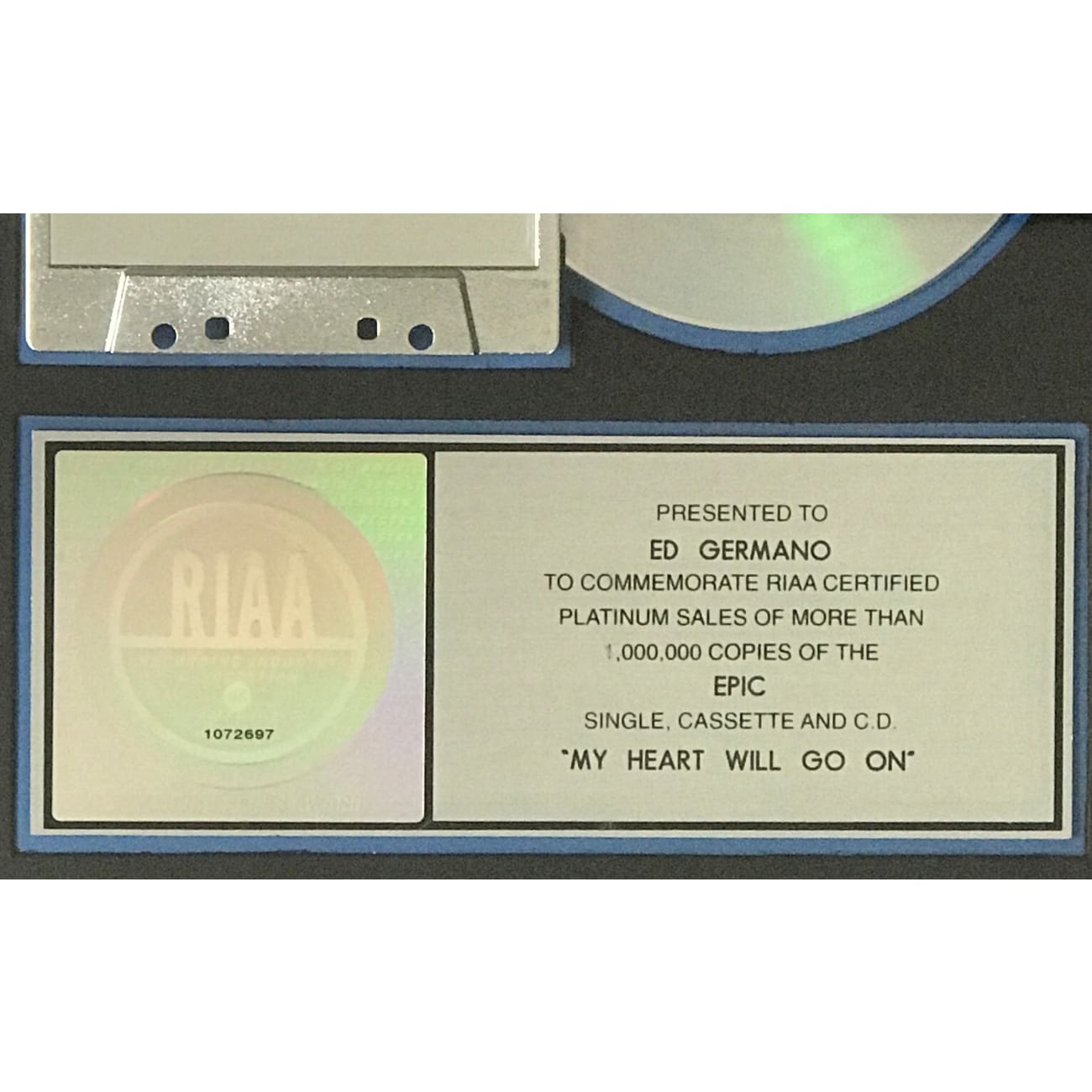 Celine Dion My Heart Will Go On RIAA Platinum Single Award - Brand New & Sealed | Perfect for Music Collectors & Titanic Memorabilia Fans