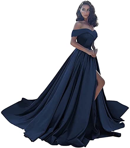 DEUELANK Women's Off The Shoulder Prom Dresses 2023 - Long Satin Ball Gown Strapless Formal Evening Dress with High Slit for Homecoming, Wedding & Special Occasions