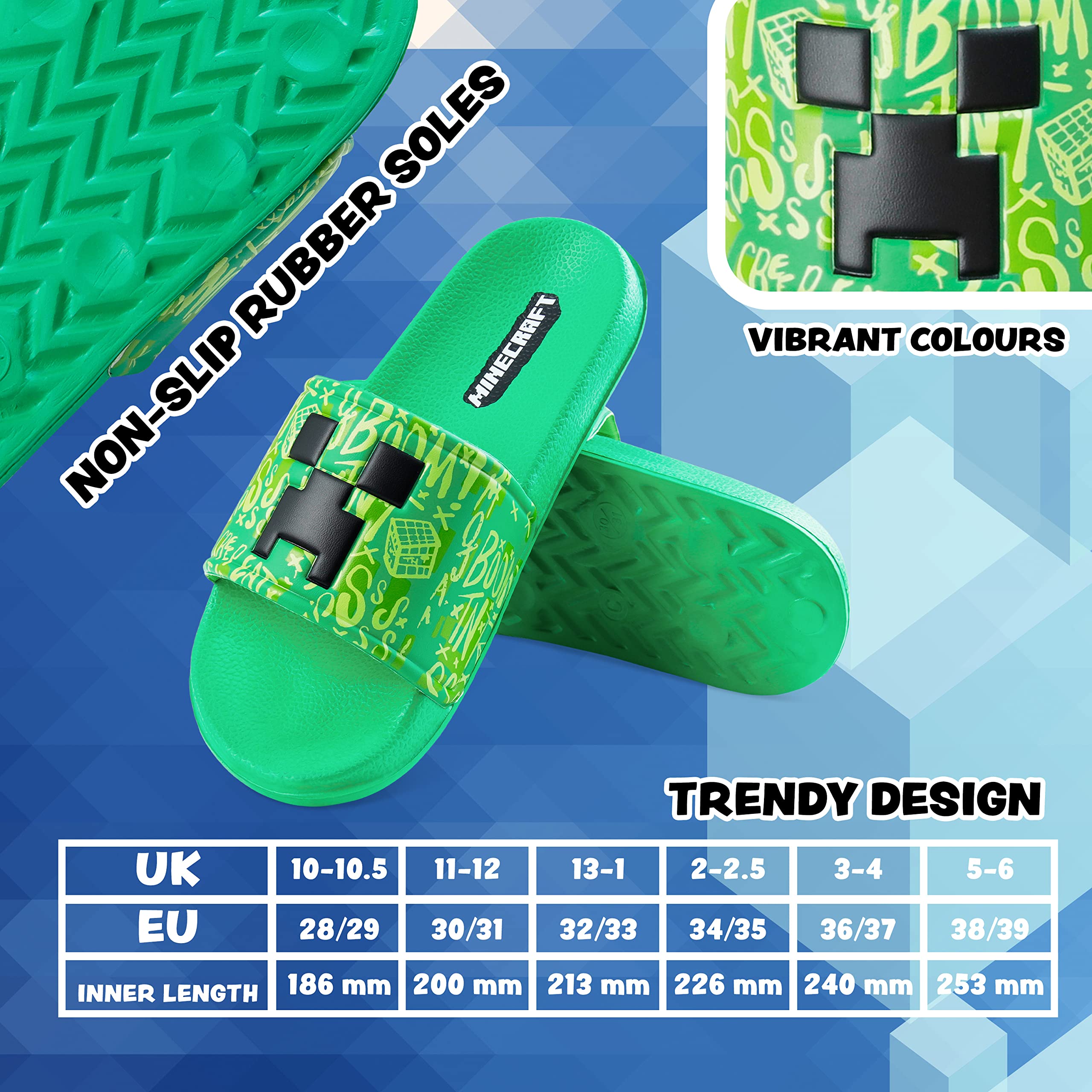 Minecraft Boys Slides & Flip Flops - Comfortable Beach & Pool Sandals for Kids - Perfect Summer Gifts for Boys - Great for Swimming, Vacation & Outdoor Play