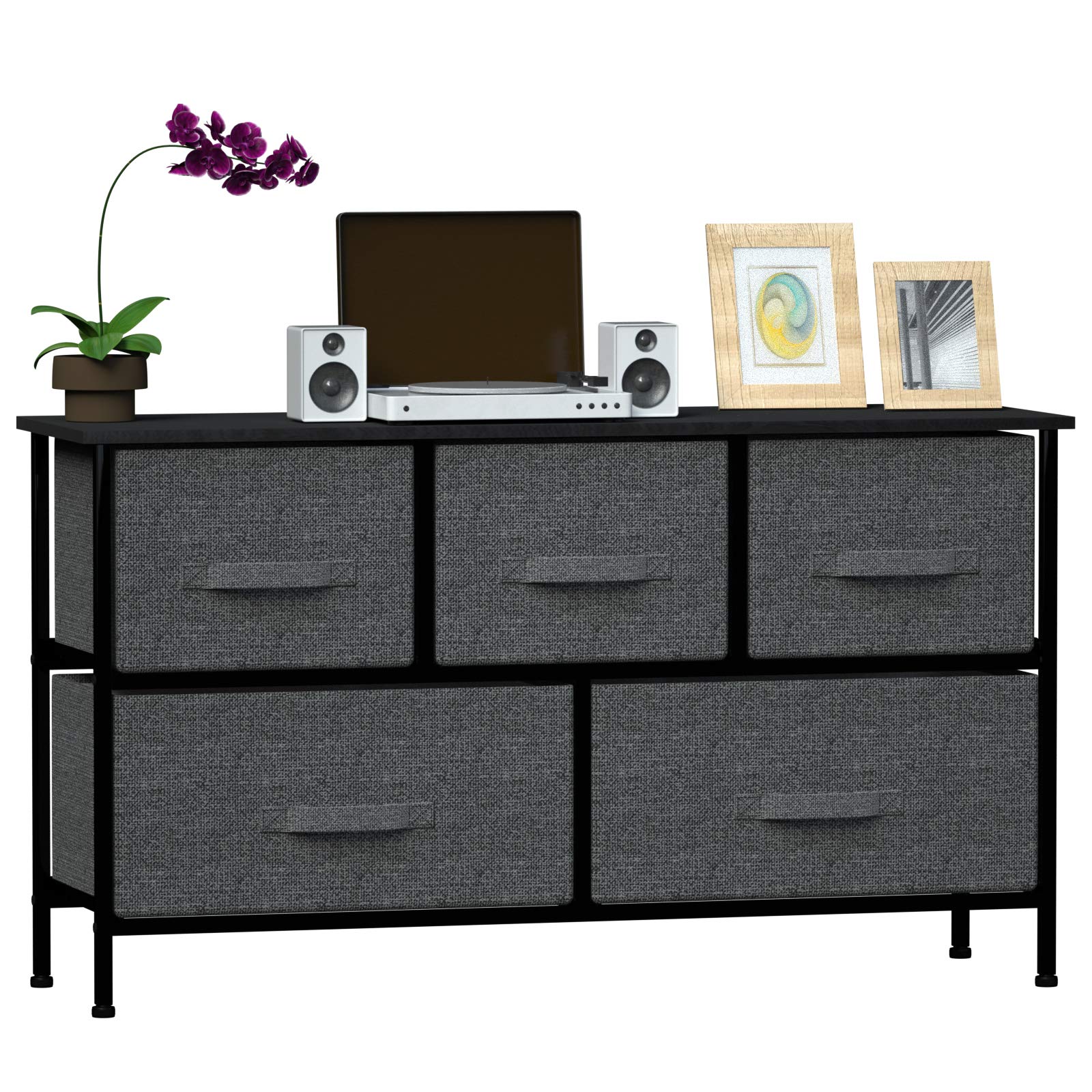 TOROTON 5-Drawer Fabric Dresser with Sturdy Steel Frame & Wood Top - Dark Grey Storage Chest for Bedroom, Hallway, Entryway, Closet & Office Organization | Easy Pull Fabric Bins for Clothes, Toys & Home Essentials