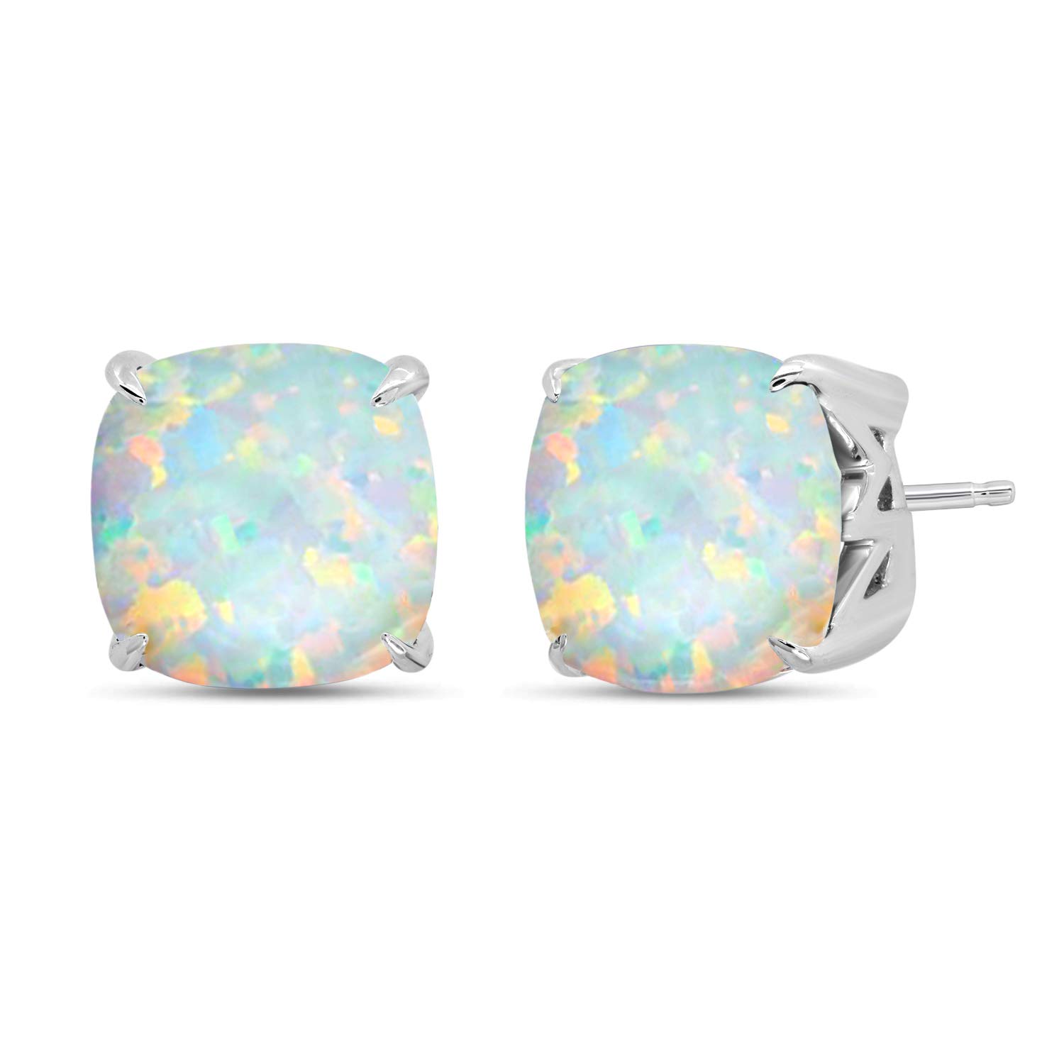 October Birthstone Stud Earrings for Women - 8mm Cushion Cut White Opal 925 Sterling Silver Push Back Earrings | Hypoallergenic Gemstone Jewelry for Everyday Wear, Gift Giving & Special Occasions