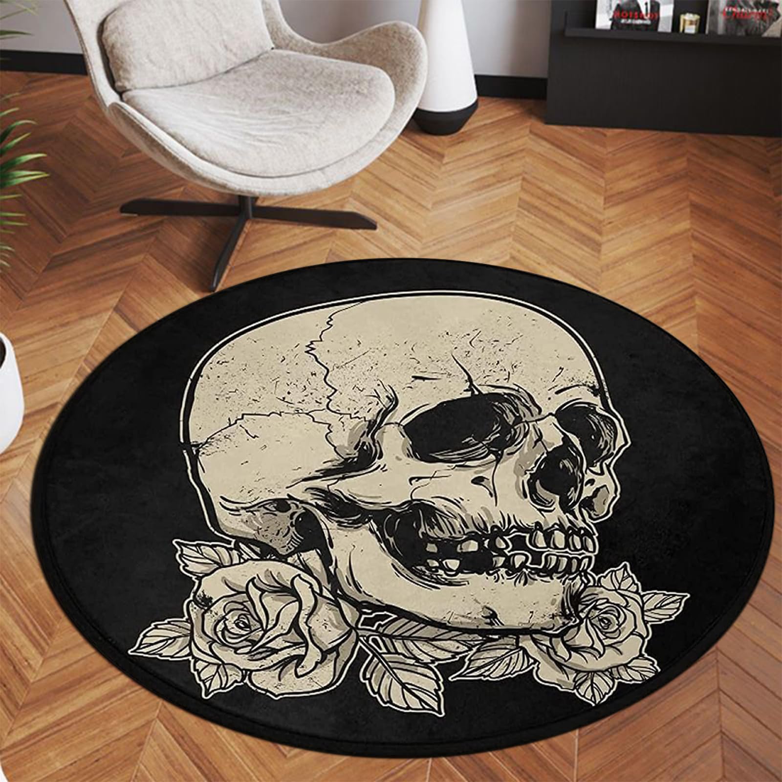 Keepcute 6ft Round Skull Rose Flower Area Rug - Non-Slip Washable Black Round Carpet for Kitchen, Bedroom, Living Room | 6' x 6' Gothic Decor Floor Mat Perfect for Halloween, Dorm Room & Boho Style Home Decor