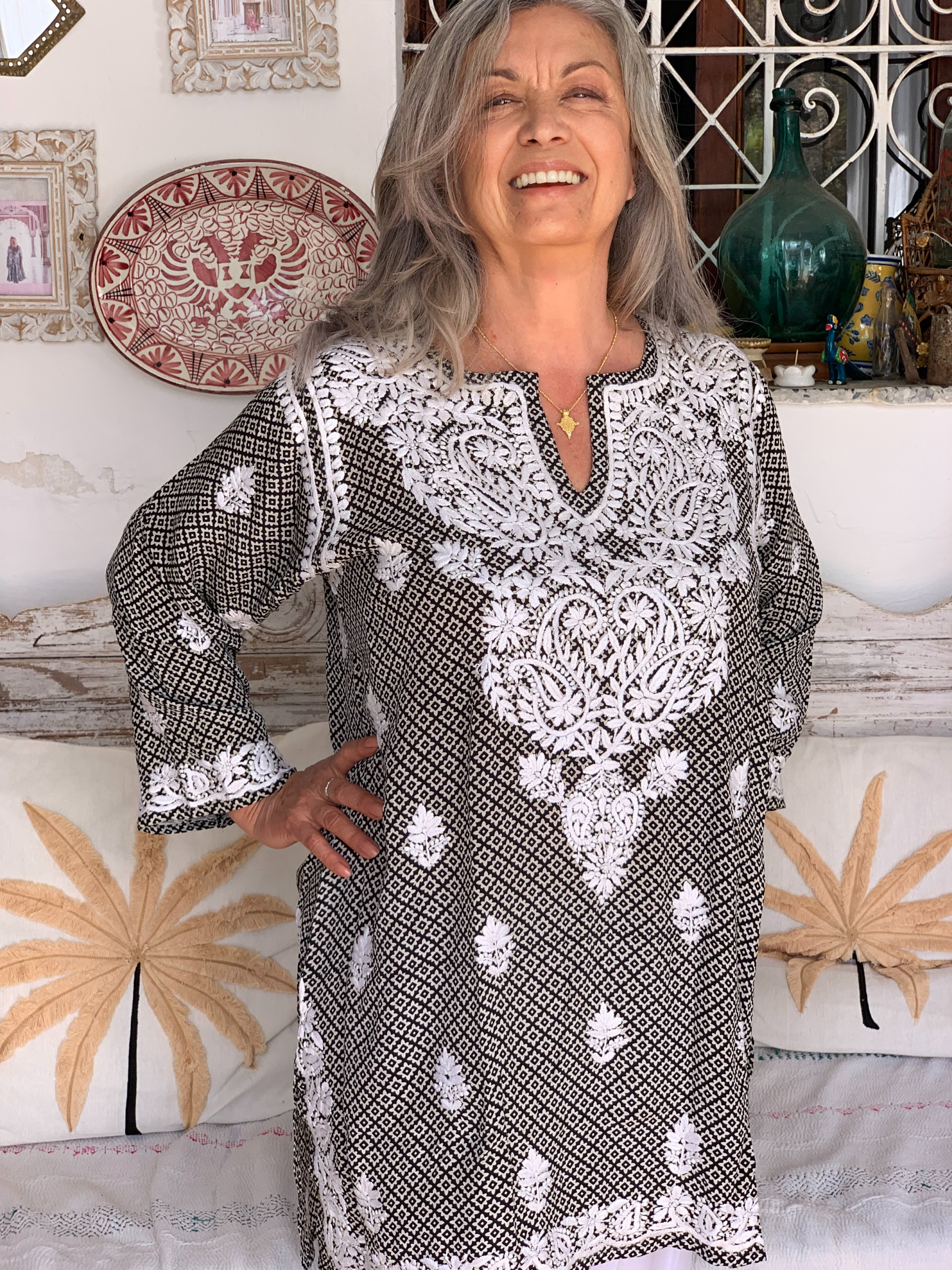 2024 New Black & White Silk Tunic - Elegant Handcrafted Design for Women | Perfect for Summer Dresses, Beach Cover-Ups & Boho Fashion Outfits
